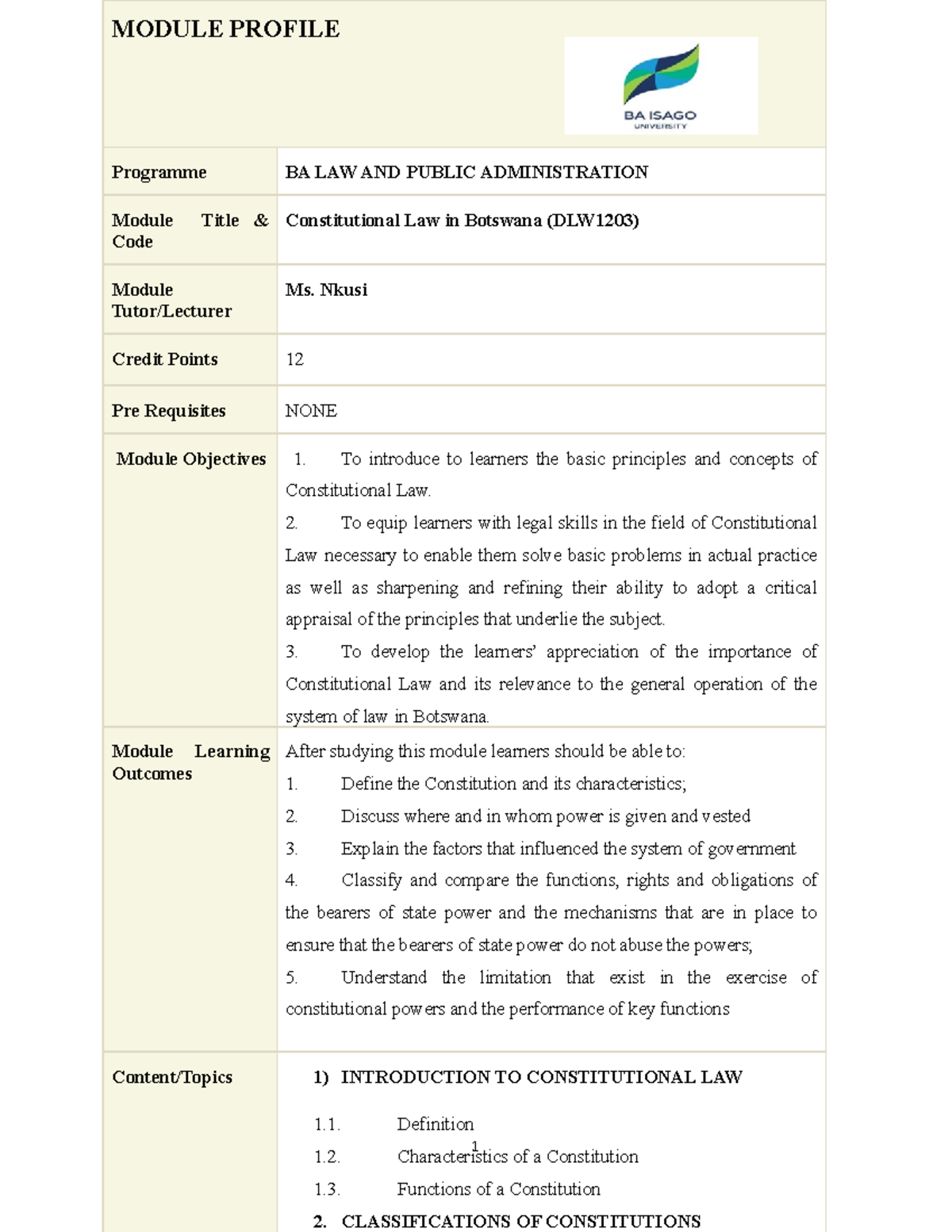 Constitutional Law Module Notes 1 Module Profile Programme Ba Law And Constitutional Law Module Notes 1 Module Profile Programme Ba Law And