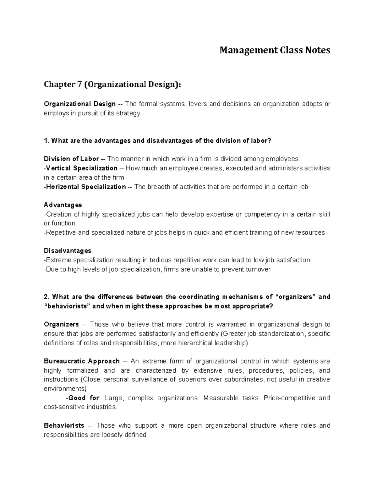 Management Class Notes - What are the advantages and disadvantages of ...