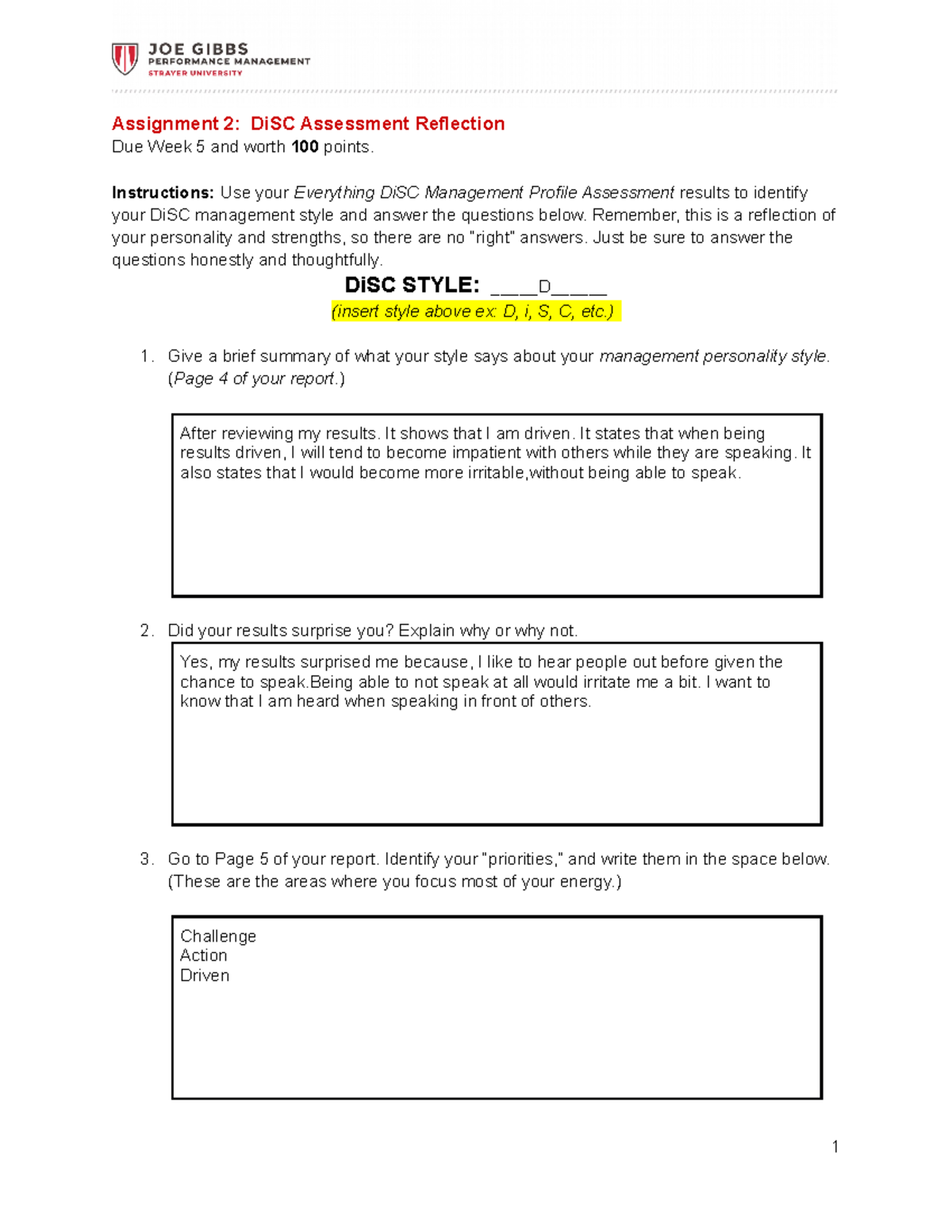 JGR100 Assignment 2 Worksheet Assignment 2 DiSC Assessment