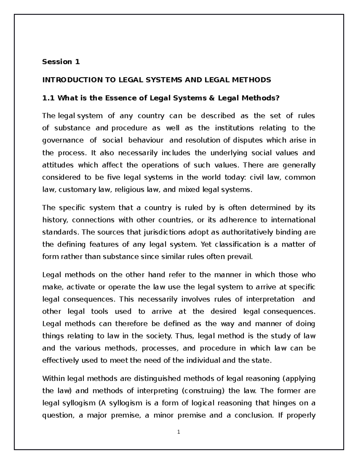 LSM Notes legal systems Session 1 INTRODUCTION TO LEGAL SYSTEMS AND
