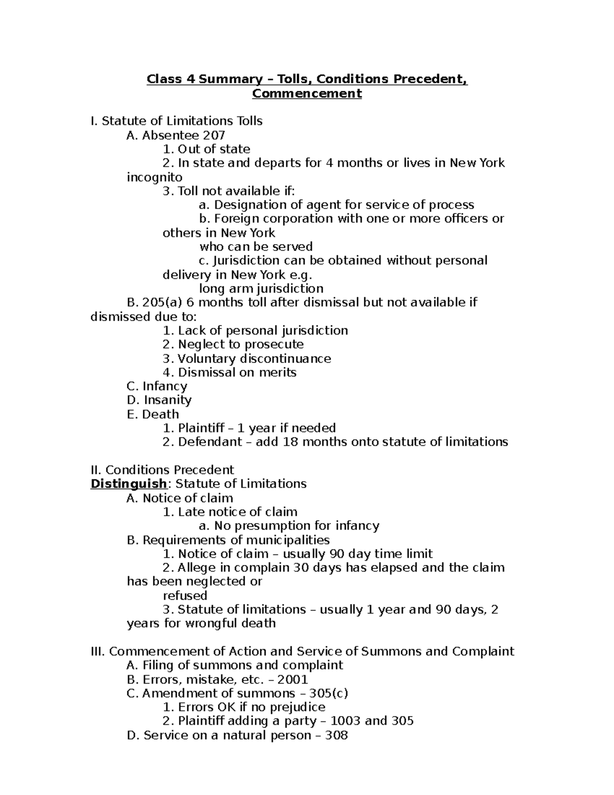 Class 4 Summary Tolls, Conditions Precedent, Commencement Statute
