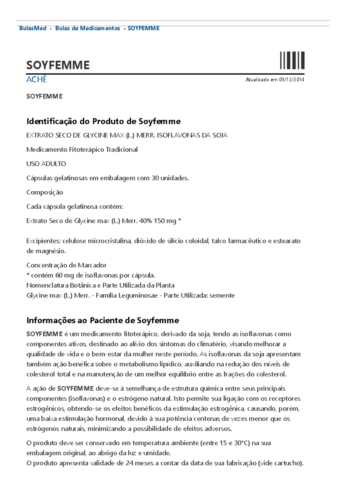 Soyfemme (Isoflavonas da Soja) Bulas Med - ACHÈ Atualizado em 09/12 ...