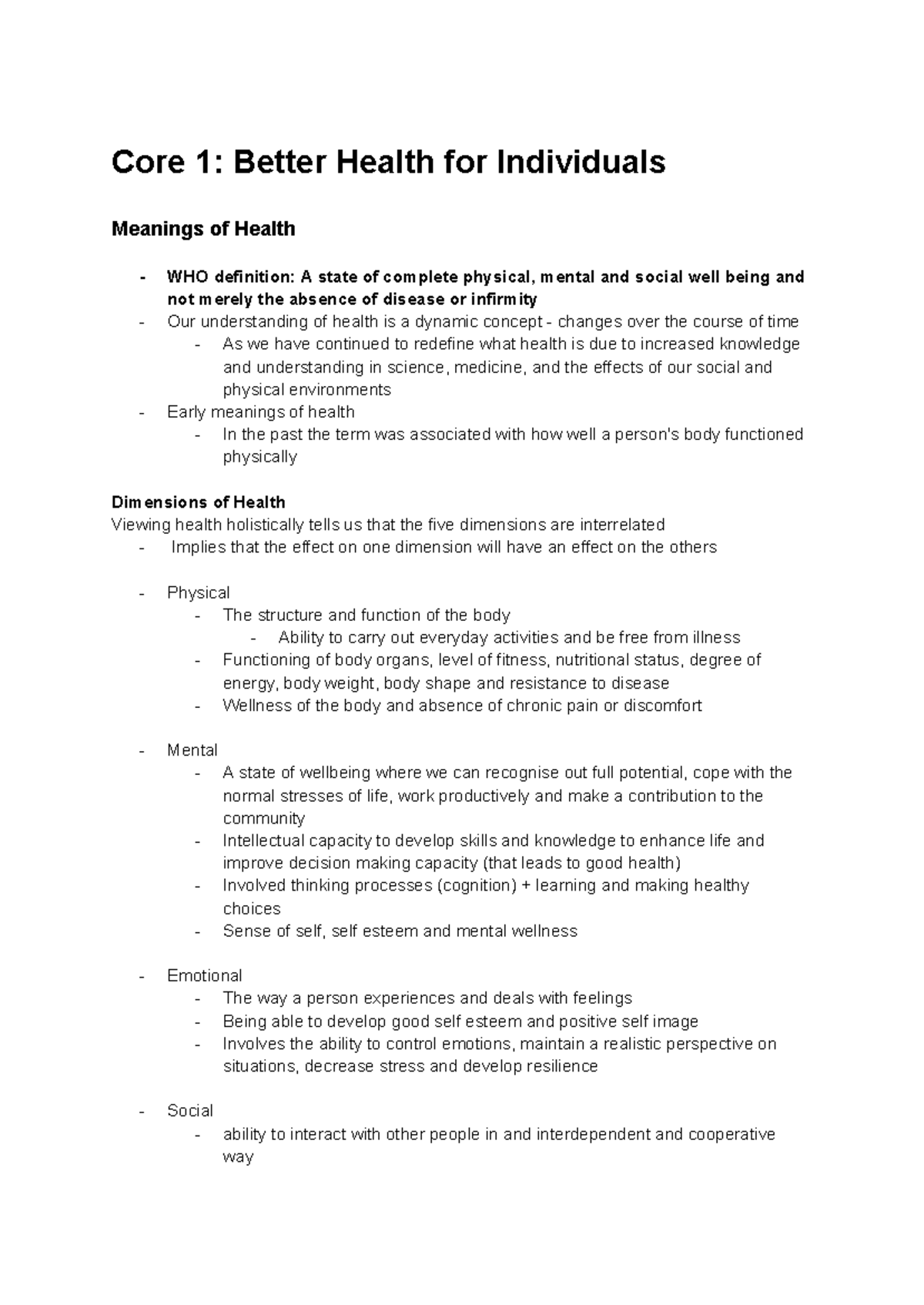 11 Pdhpe Notes - Core 1: Better Health for Individuals Meanings of ...