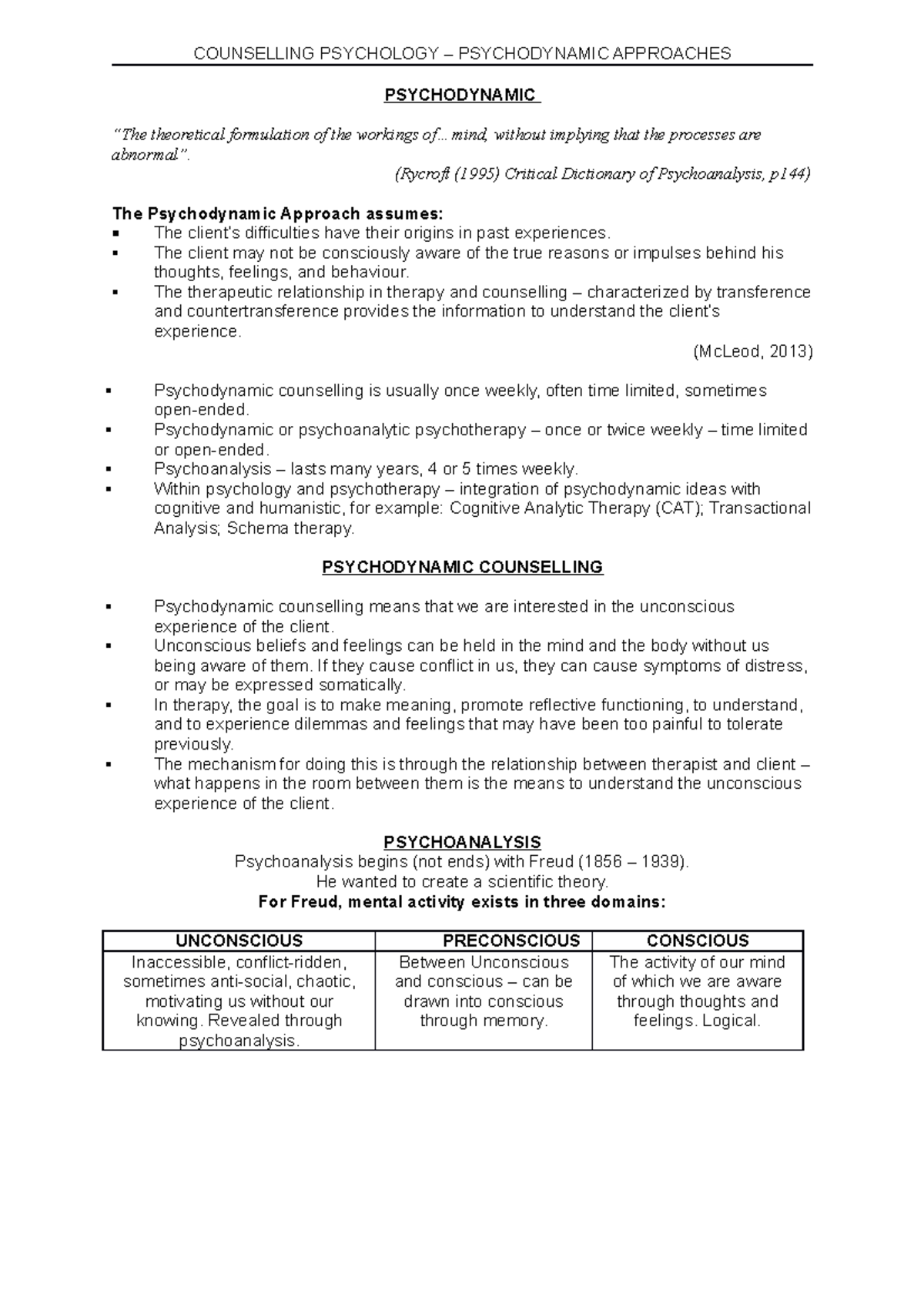 Psychoanalysis Notes Counselling Psychology Psychodynamic Approaches Psychodynamic The Studocu