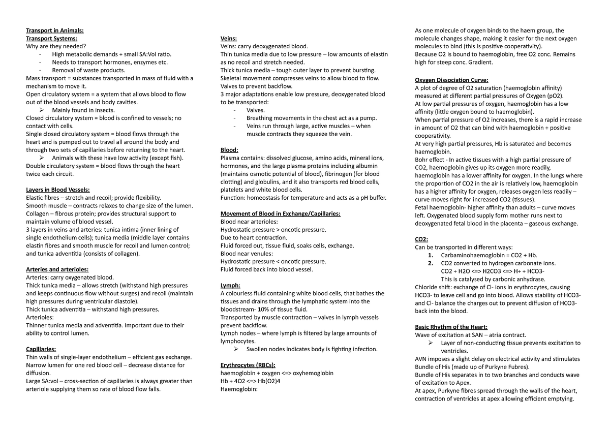 Transport in animals - Notes covering OCR A chapter A LEVEL