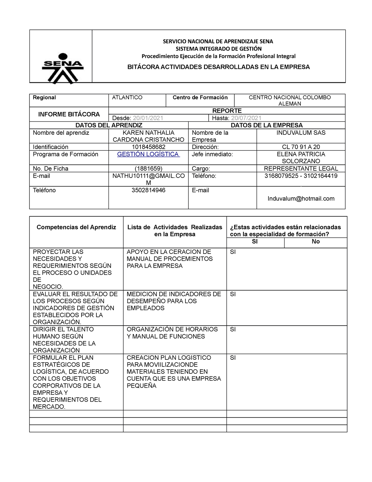 Bitacora Reporte Aprendices 20 Febrero Servicio Nacional De Aprendizaje Sena Sistema Integrado