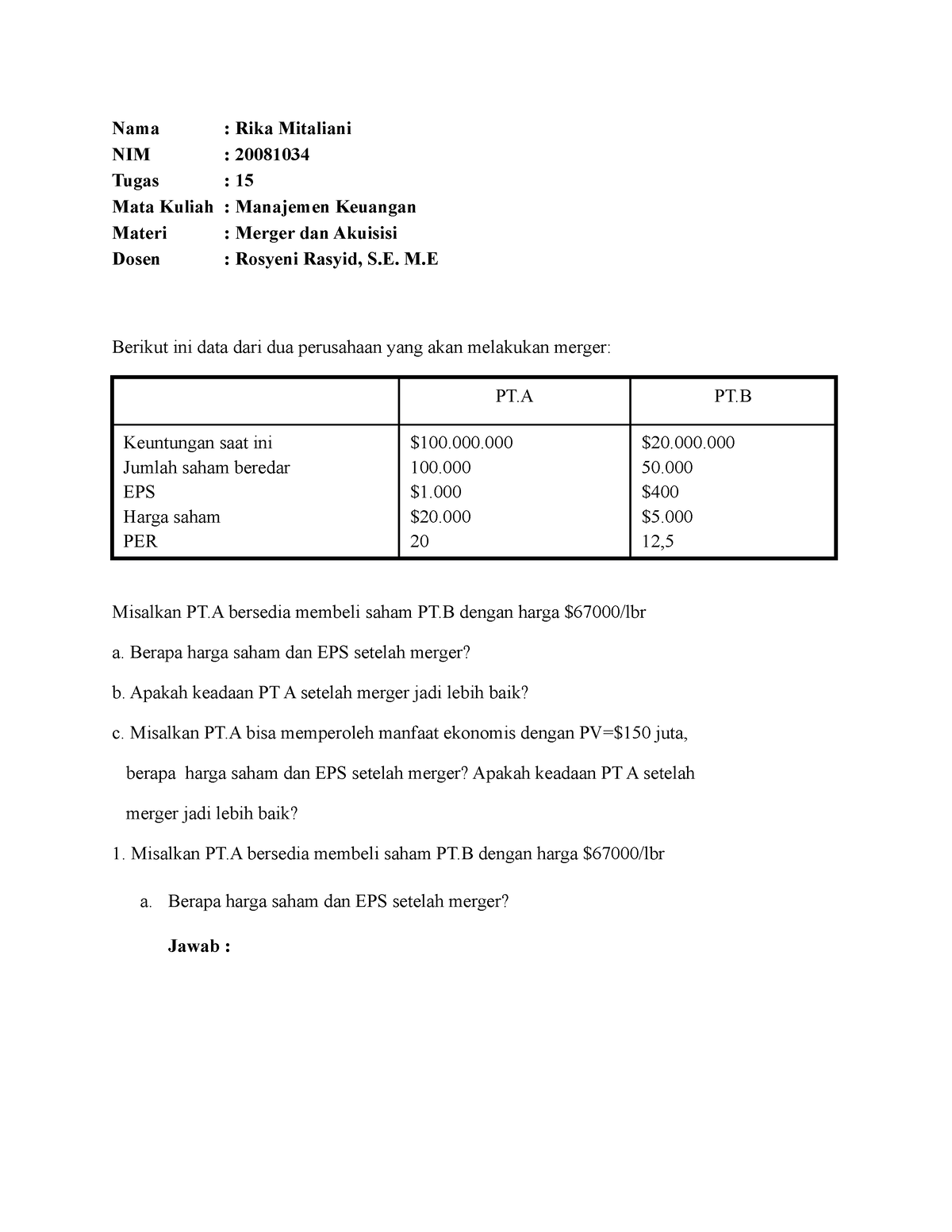 Tugas 15 Rika Mitaliani Merger Dan Akuisisi - Nama : Rika Mitaliani NIM ...