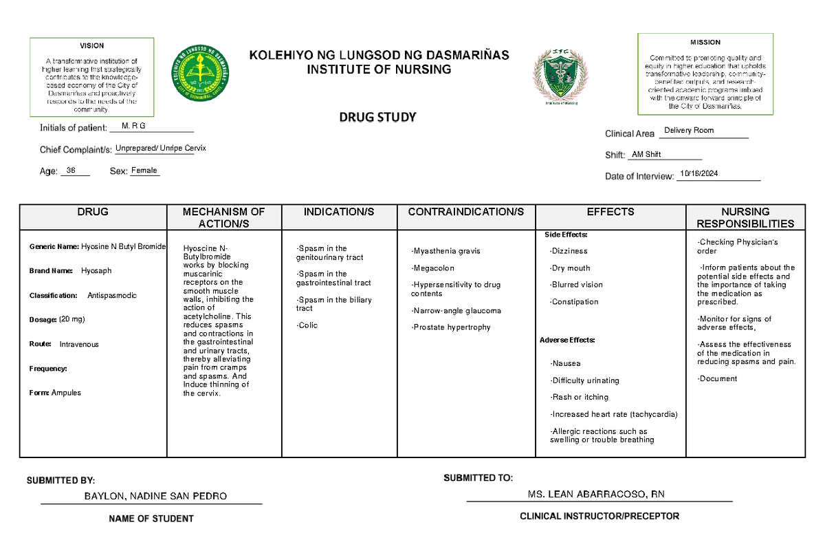 ION DrugStudyTemplate BSN Nursing DRUG MECHANISM OF ACTION/S