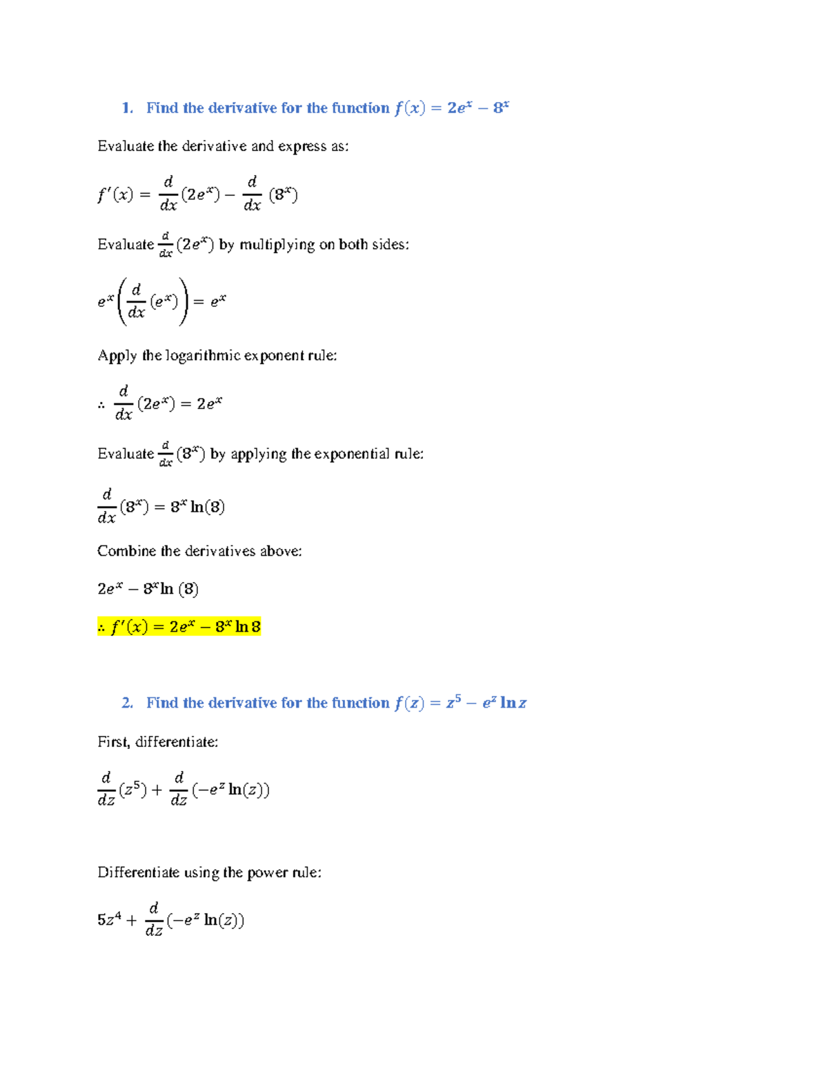 MATH 1211 Written Assignment Unit 5 - 1. Find the derivative for the ...