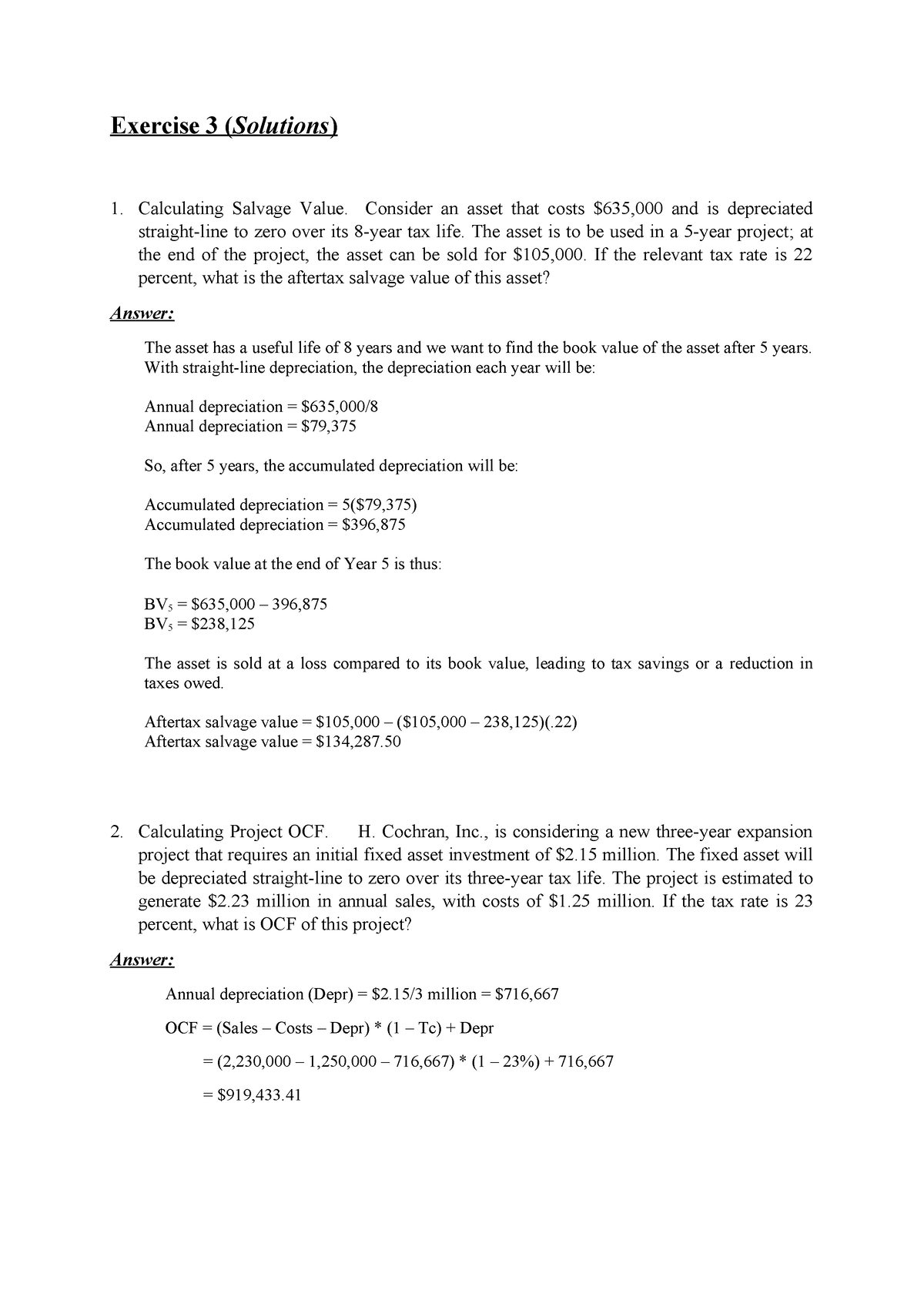 Exercise 3 Solutions Exercices Exercise 3 Solutions 1 Calculating Salvage Value 2697