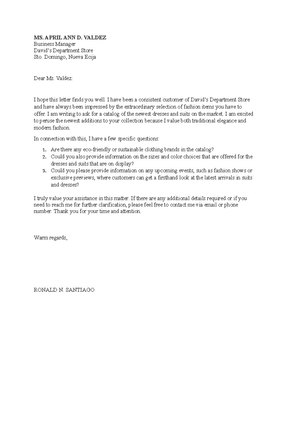 Inquiry letter - MS. APRIL ANN D. VALDEZ Business Manager David’s ...