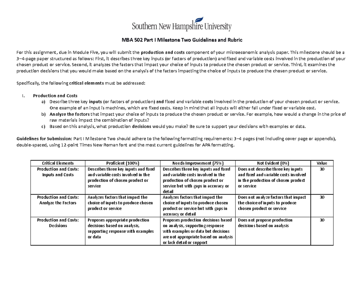 MBA 502 Part I Milestone Two Guidelines and Rubric - This milestone ...