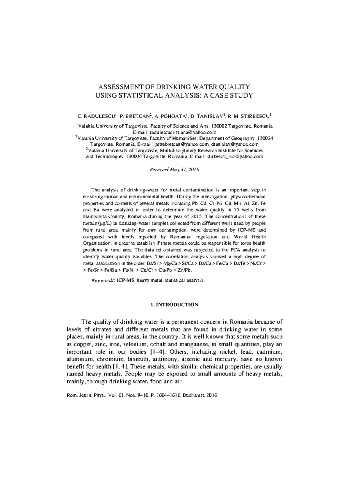 Assessment OF Drinking Water Quality Uising Statistical Analysis ...