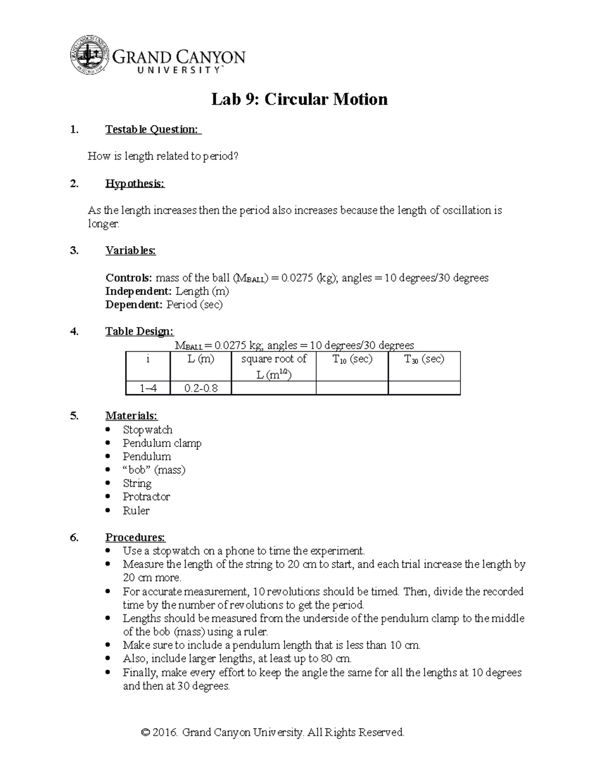 PHY 111L Lab 9 Physics Lab 9 Lab Report on Circular Motion Lab 9