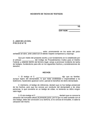 Incidente DE Tacha DE Testigos, formato para promover incidente - INCIDENTE  DE TACHA DE TESTIGOS - Studocu