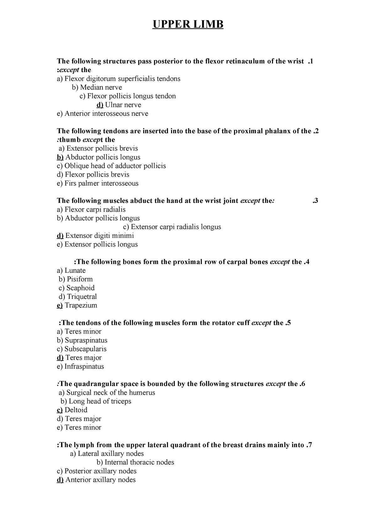 Upper Limb Mcq - UPPER LIMB The Following Structures Pass Posterior To ...