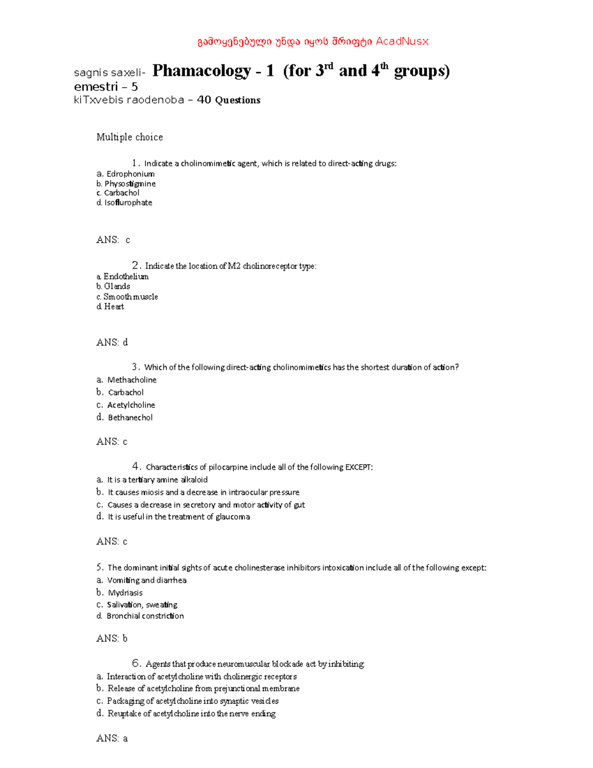 1. 2nd Midterm - Pharmacoloy - NATO - Test Form - გამოყენებული უნდა ...