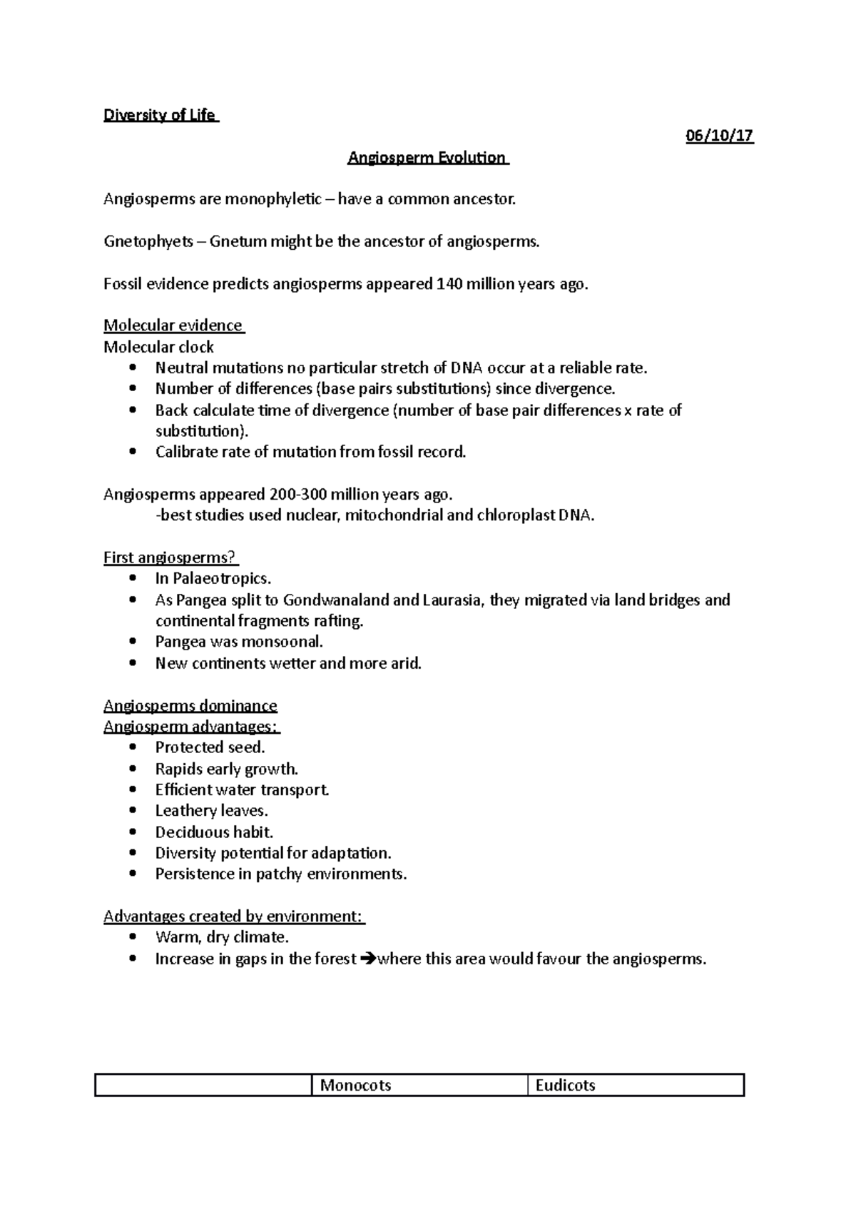 Angiosperm evolution - Lecture notes 12 - Diversity of Life 06/10/17 ...
