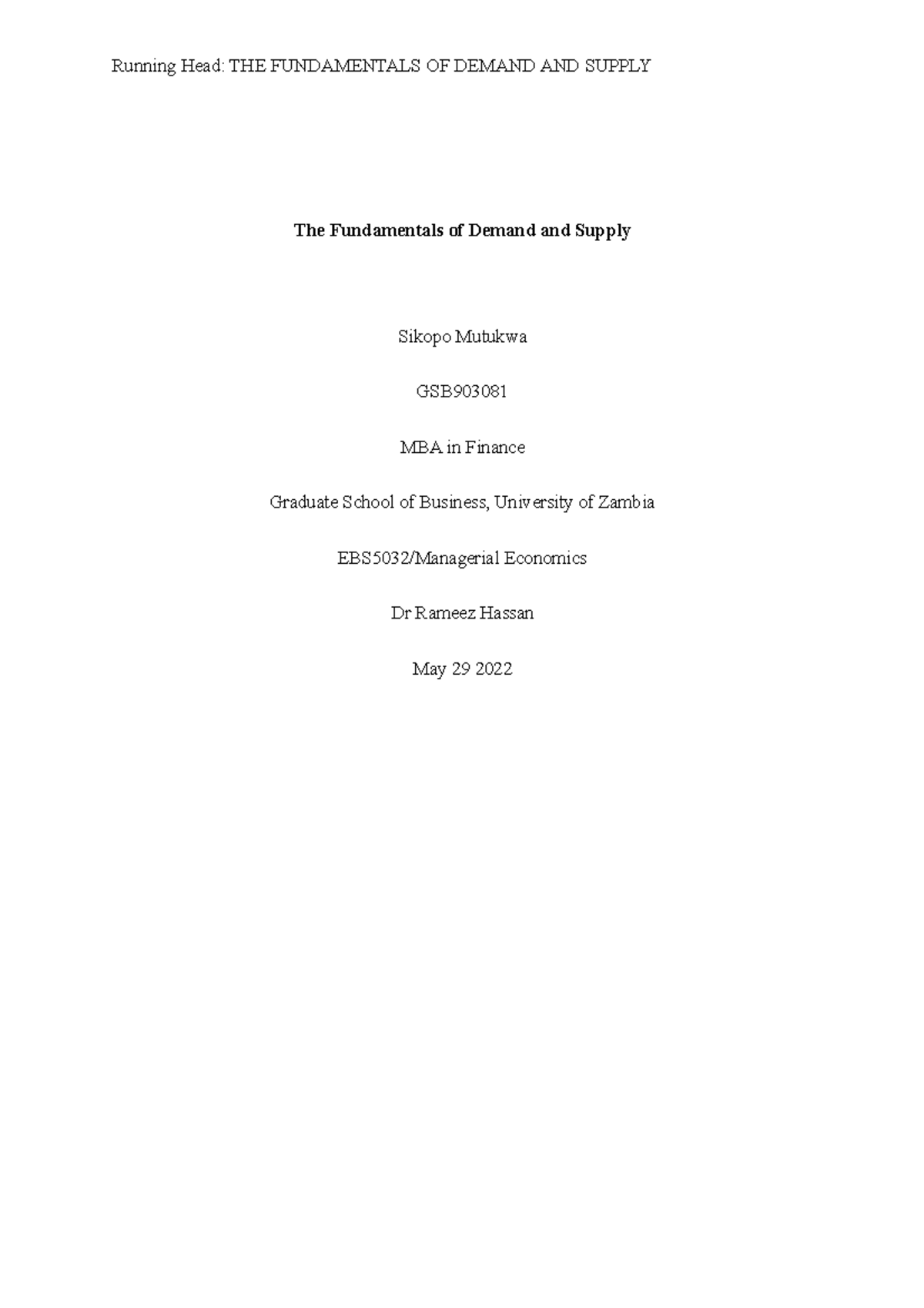 Managerial Economics EBS5032 Module II Assignment The Fundamentals of ...