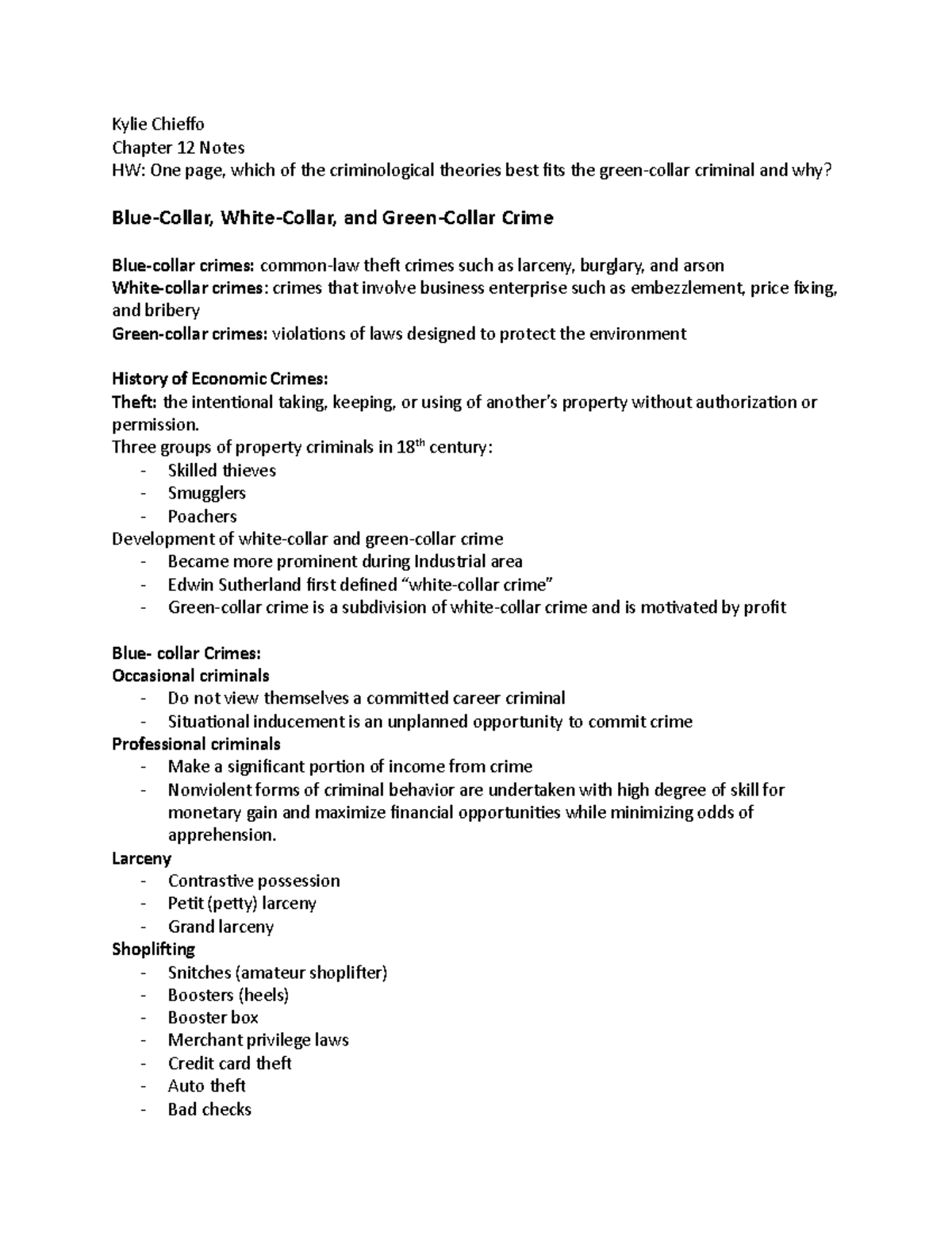 Chap 12 notes Chapter 12 Blue collar, White collar, and Green collar