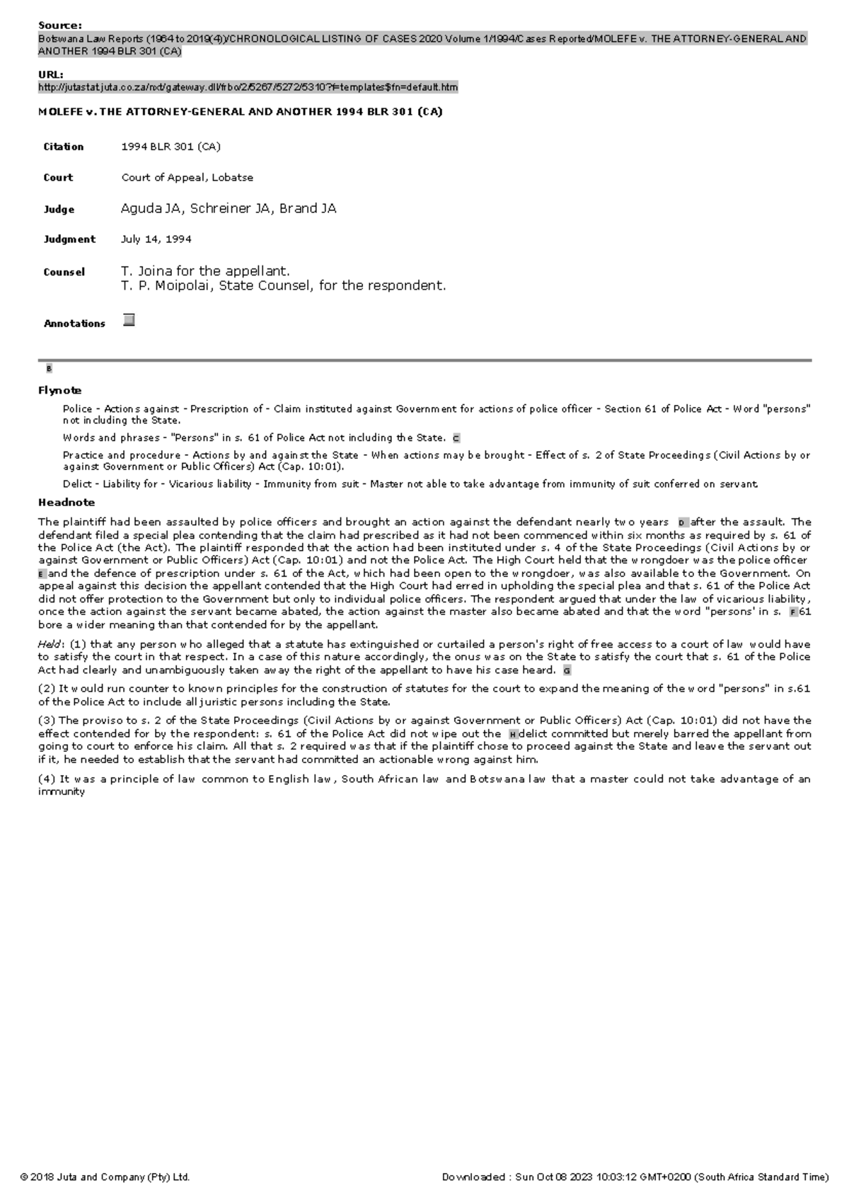 Molefe v Case Source Botswana Law Reports (1964 to 2019(4