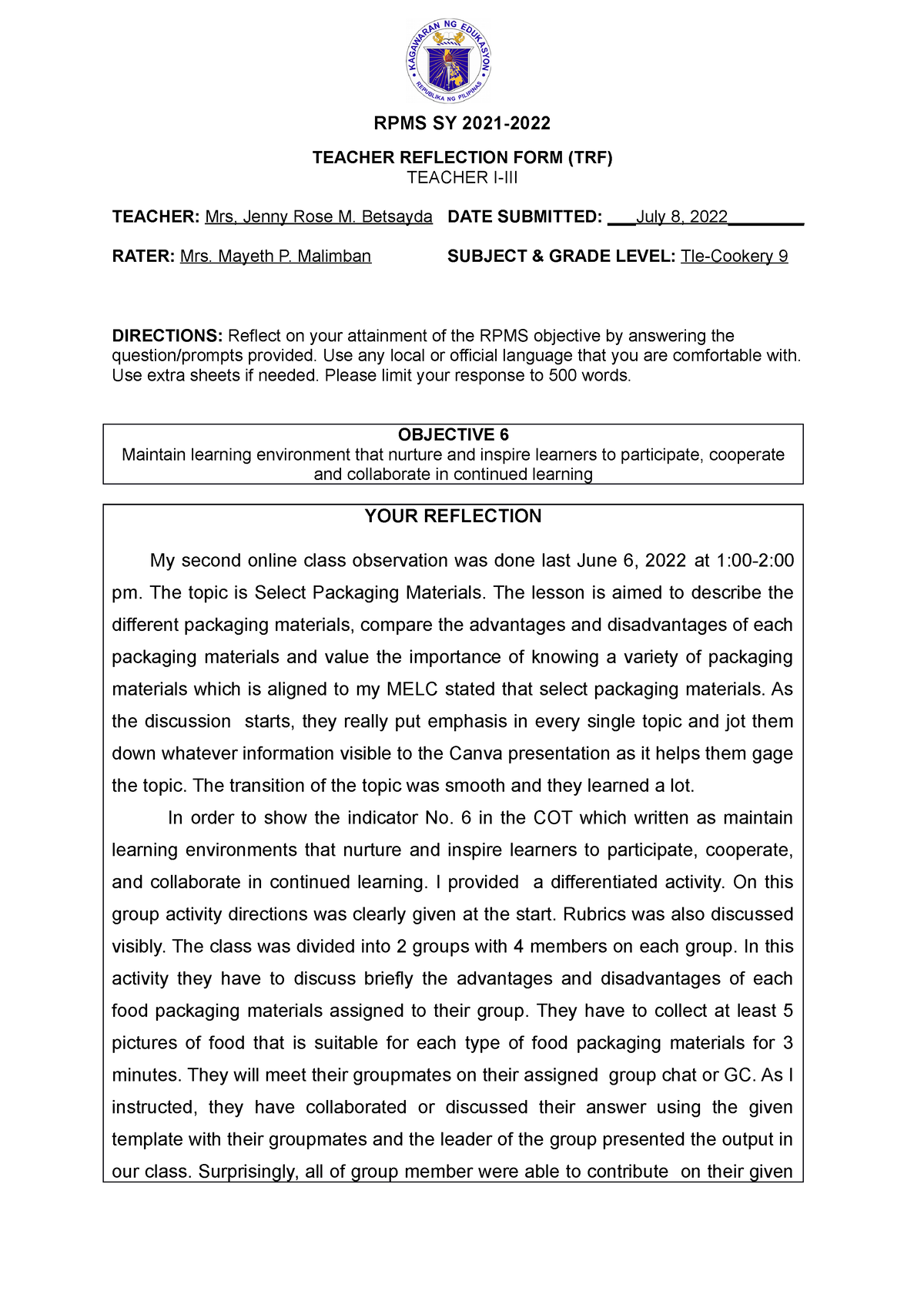 Teacher-Reflection-Form-RPMS COT 2 - RPMS SY 2021- TEACHER REFLECTION ...