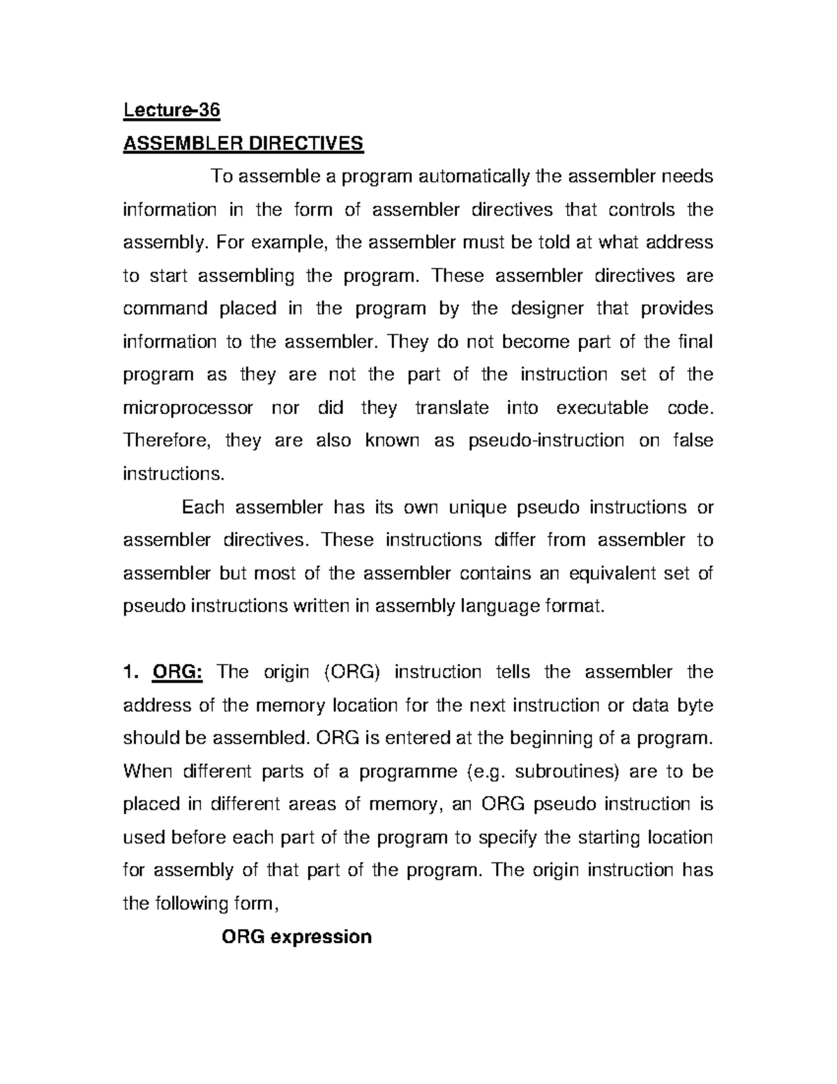 Assembler Directives - Lecture- ASSEMBLER DIRECTIVES To Assemble A ...