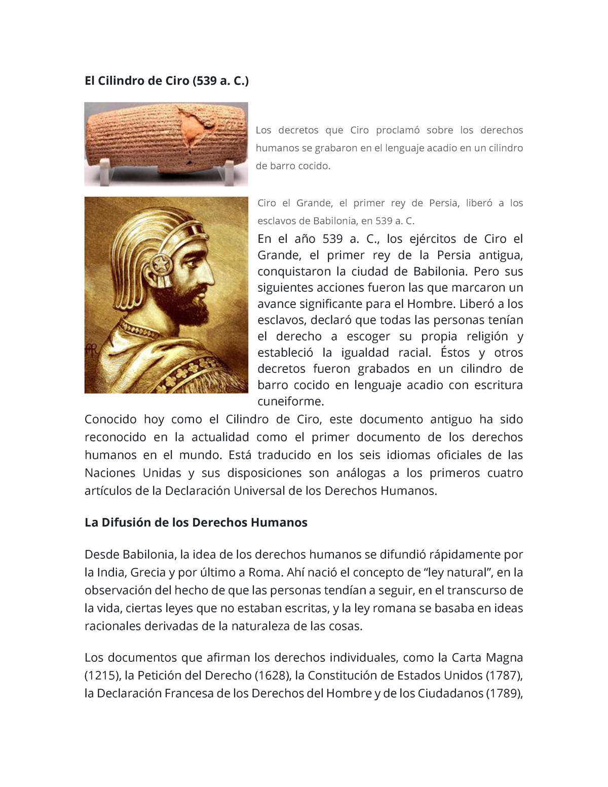 Apuntes derchos humanos El Cilindro de Ciro 539 a. C. Los