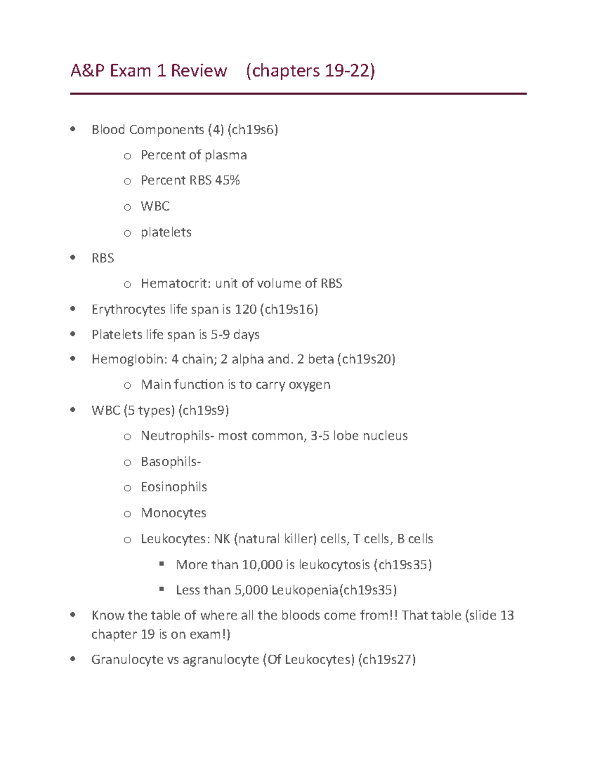 A&P Chapters 19-22 Exam Review - Exam 1 Review (chapters Blood ...