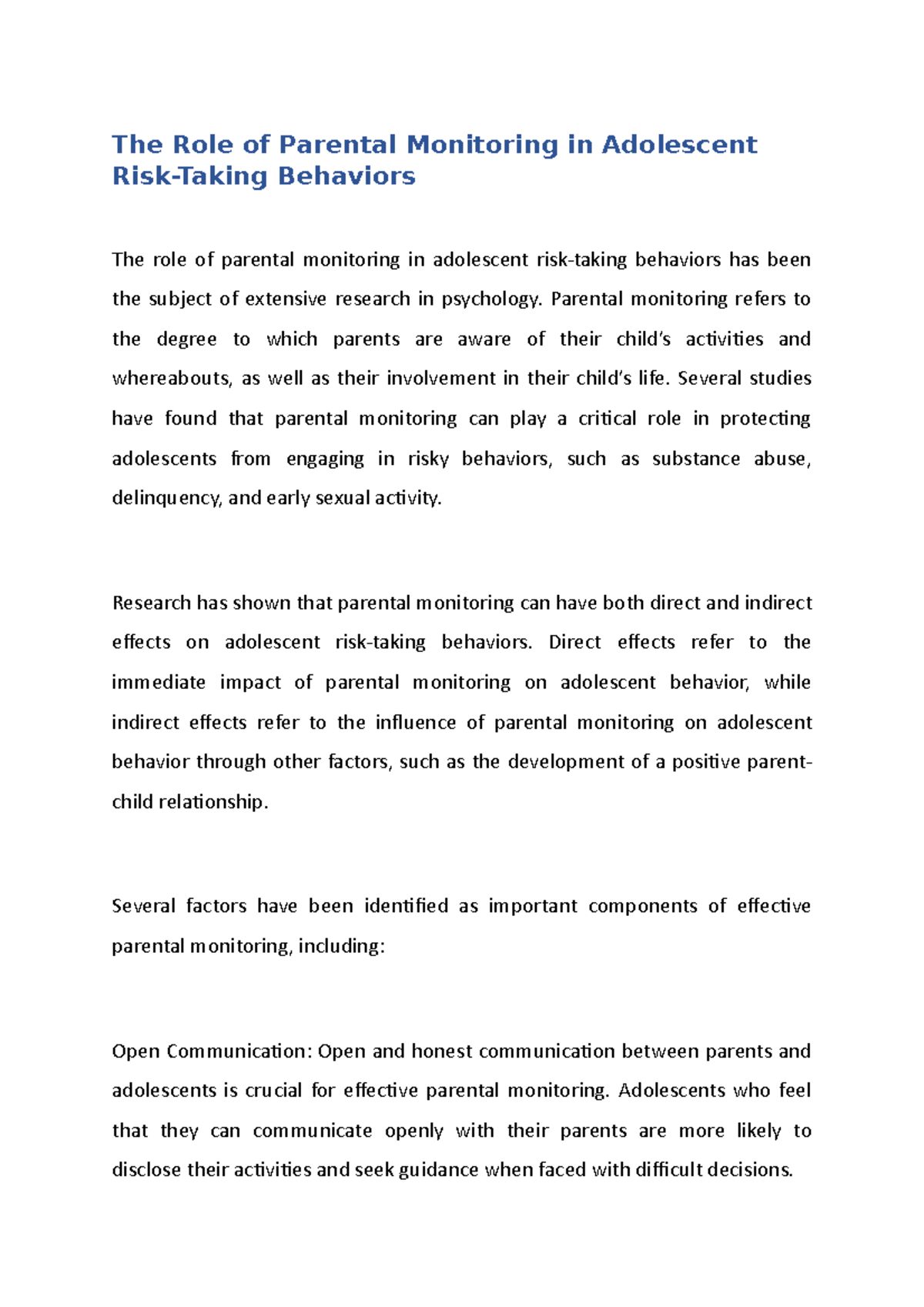 The Role of Parental Monitoring in Adolescent Risk-Taking Behaviors ...