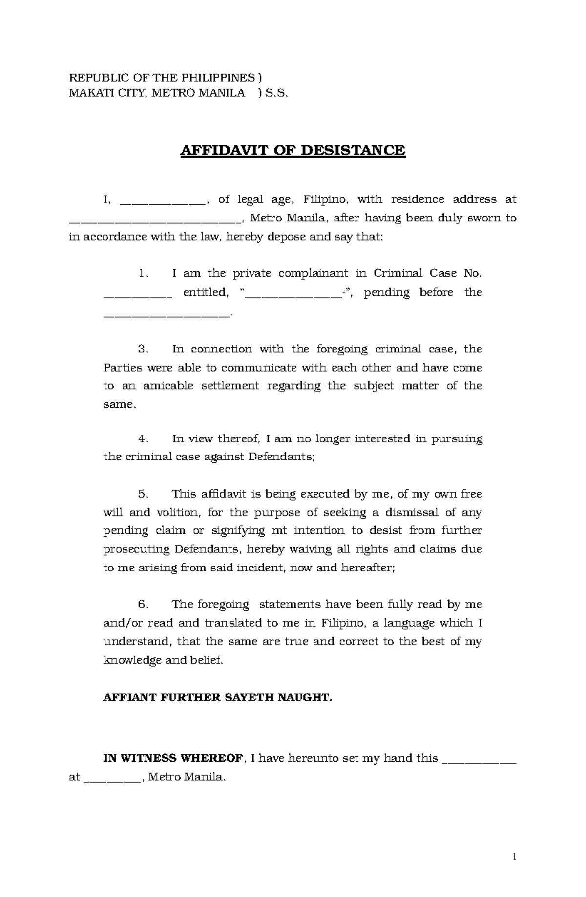 affidavit-of-desistance - REPUBLIC OFTHE PHILIPPINES) MAKATICITY,METRO ...