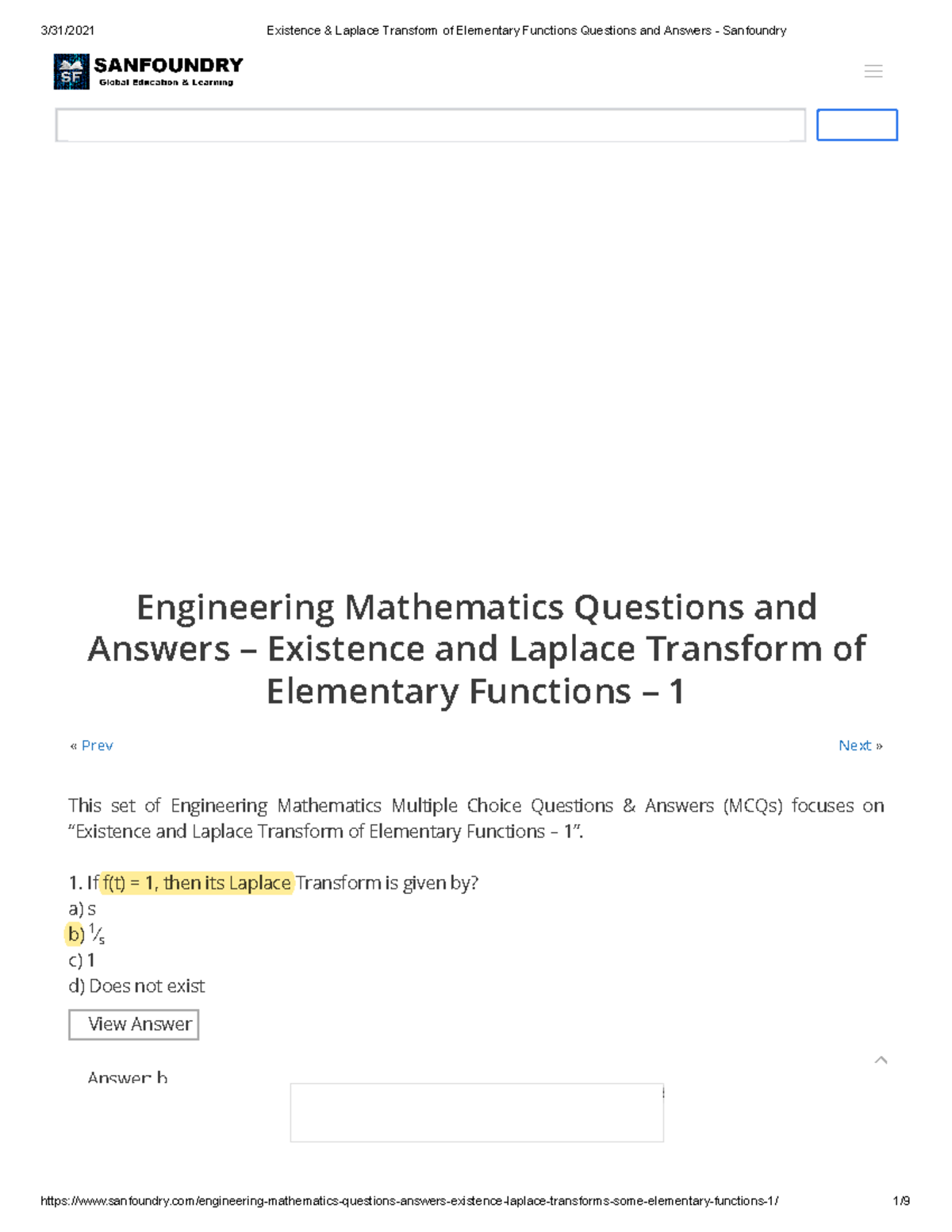 Existence & Laplace Transform of Elementary Functions Questions and