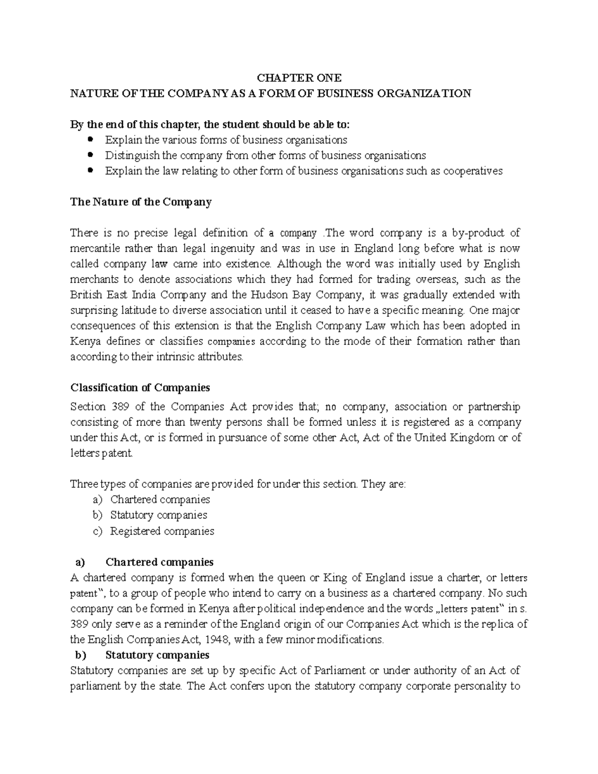 Company LAW Notes - business and economics - CHAPTER ONE NATURE OF THE ...