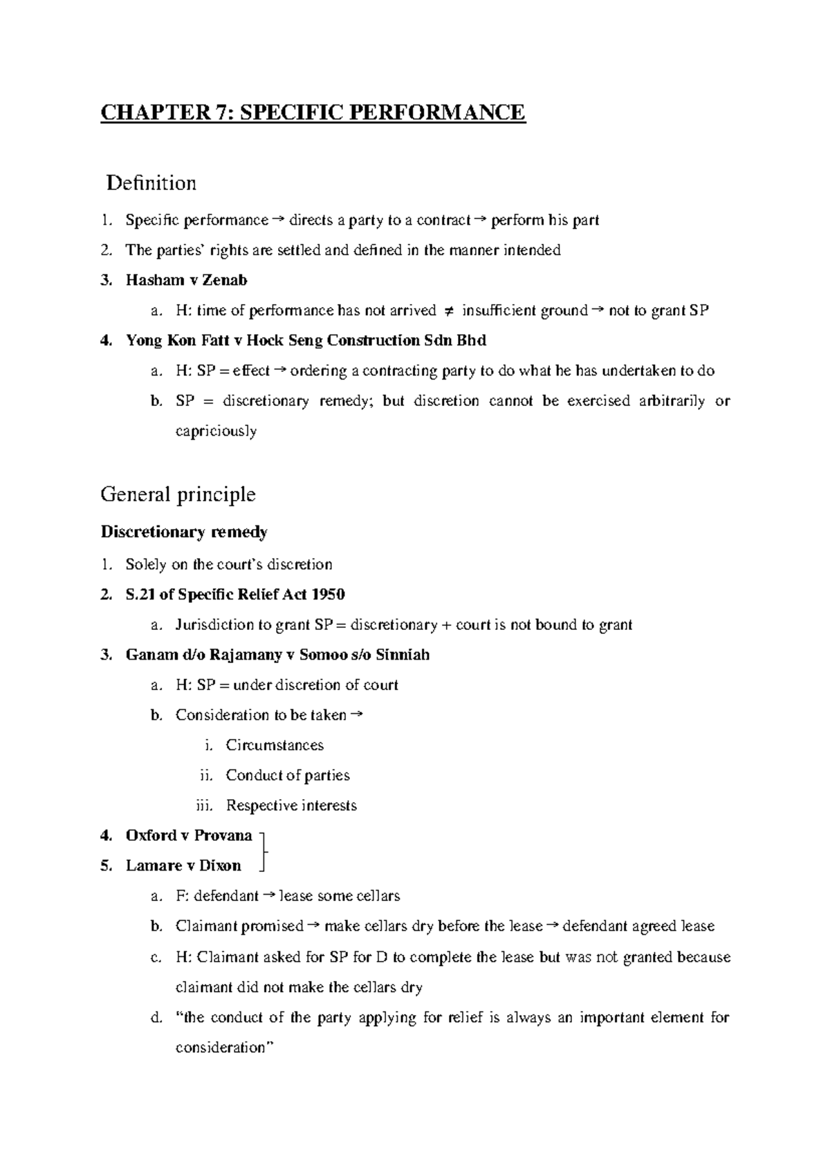 Eqt C7 - Lecture notes 7 - CHAPTER 7: SPECIFIC PERFORMANCE Definition 1 ...