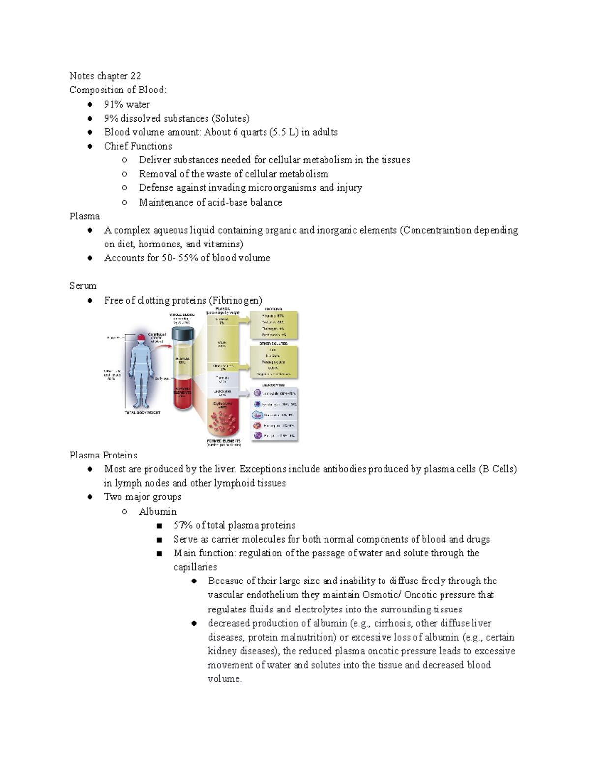 Ch 22 - Notes from Sherpath - Notes chapter 22 Composition of Blood: 91 ...