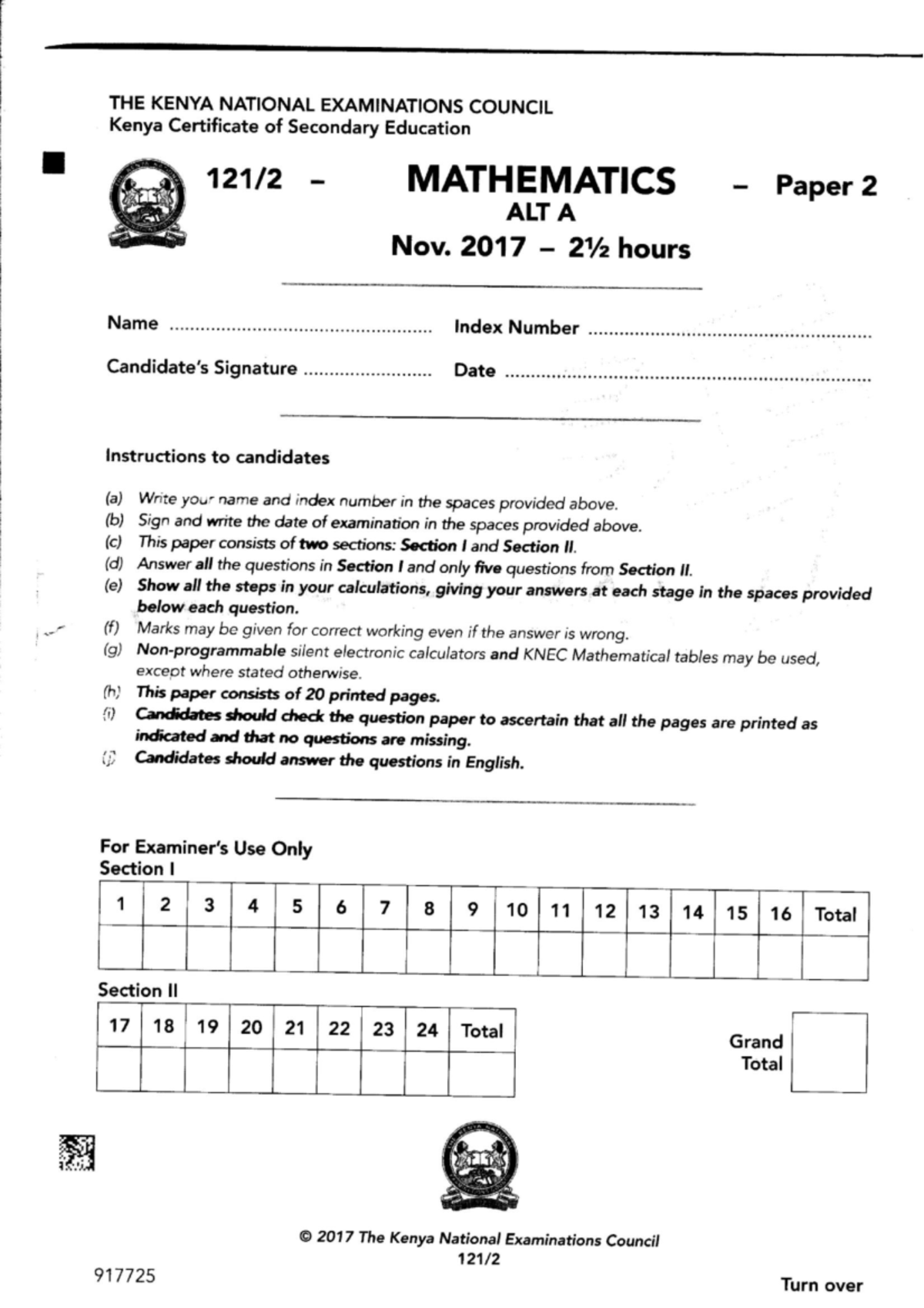 KCSE 2017 Mathematics ALT - THE KENYA NATIONAL EXAMINATIONS COUNCIL ...