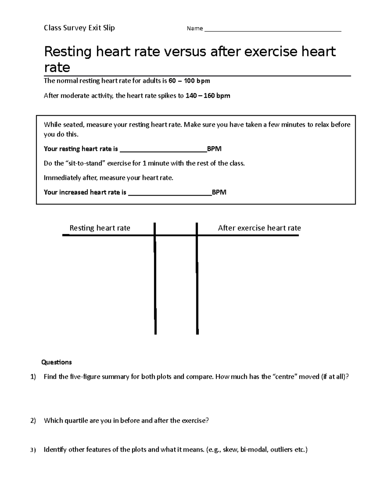 Resting heart rate versus after exercise heart rate Class Survey Exit