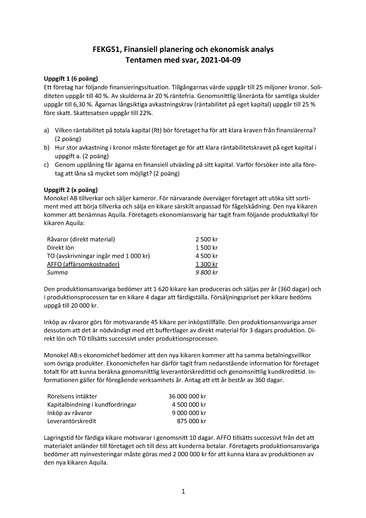 Tentamen Med Svar - 2021-04-09 - FEKG51, Finansiell Planering Och ...