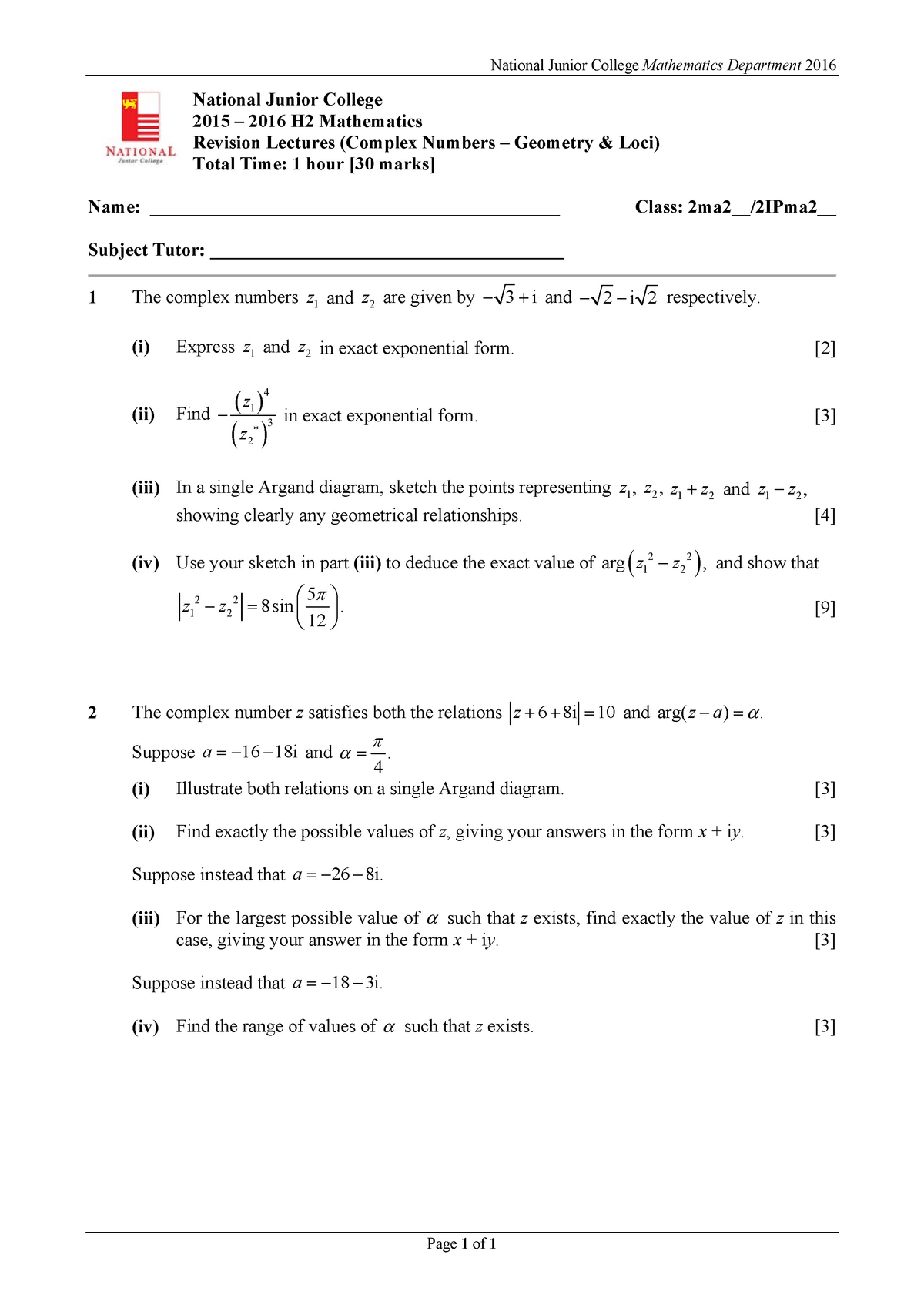 2016 SH2 H2 Maths Rev Lect Complex Nos (Geometry Loci) Practice Set v3 ...