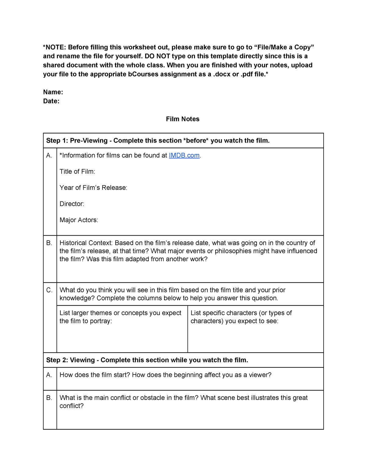 Film Notes - Note template - NOTE: Before filling this worksheet Intended For Note To File Template