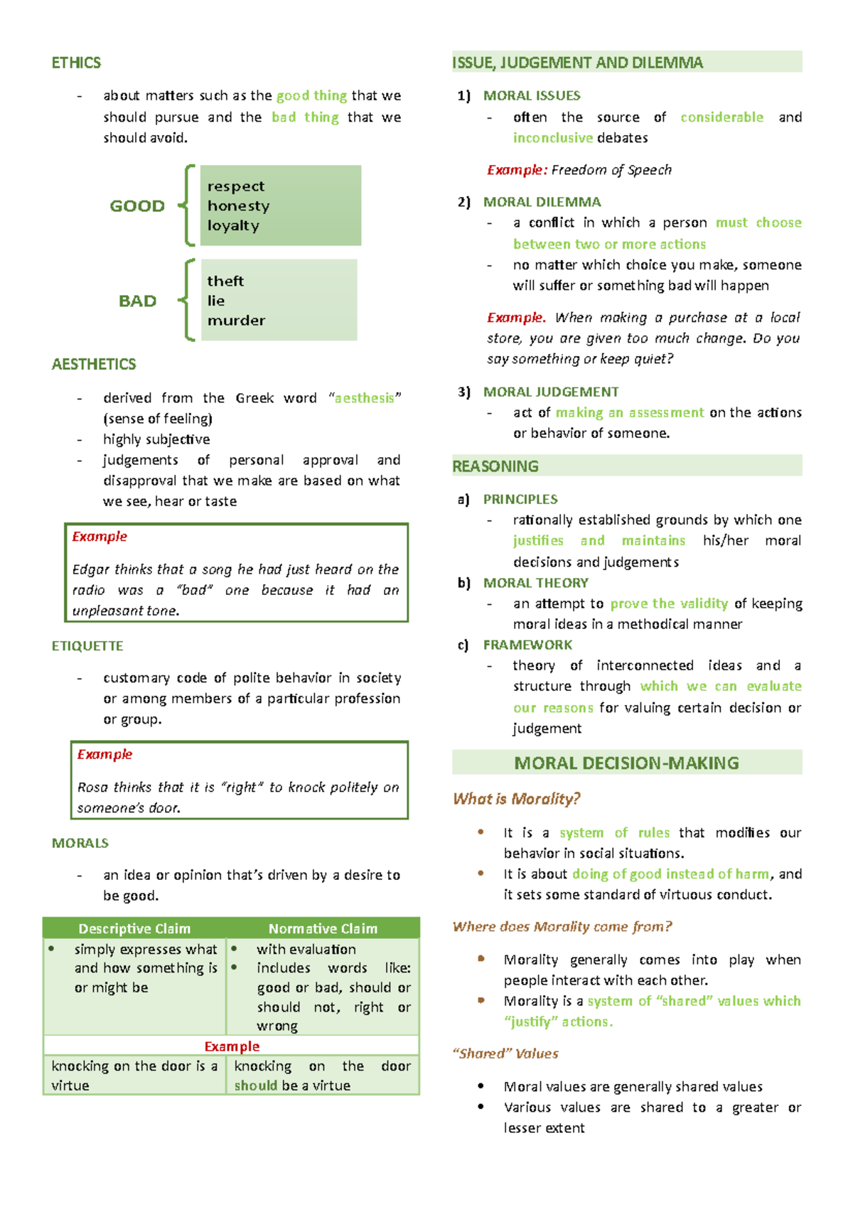 Ethics Notes 2 - ETHICS ISSUE, JUDGEMENT AND DILEMMA about matters such ...