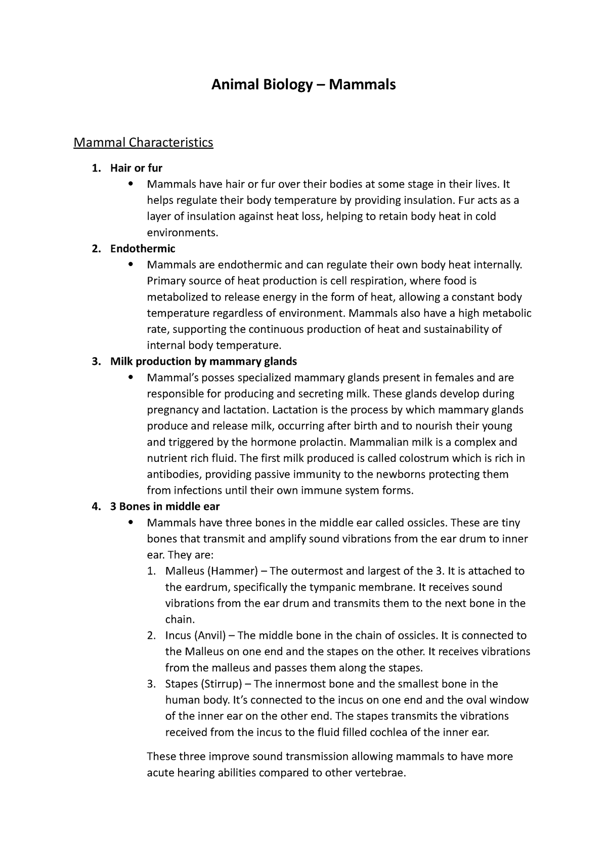 Mammals - Lecture Notes - Animal Biology – Mammals Mammal