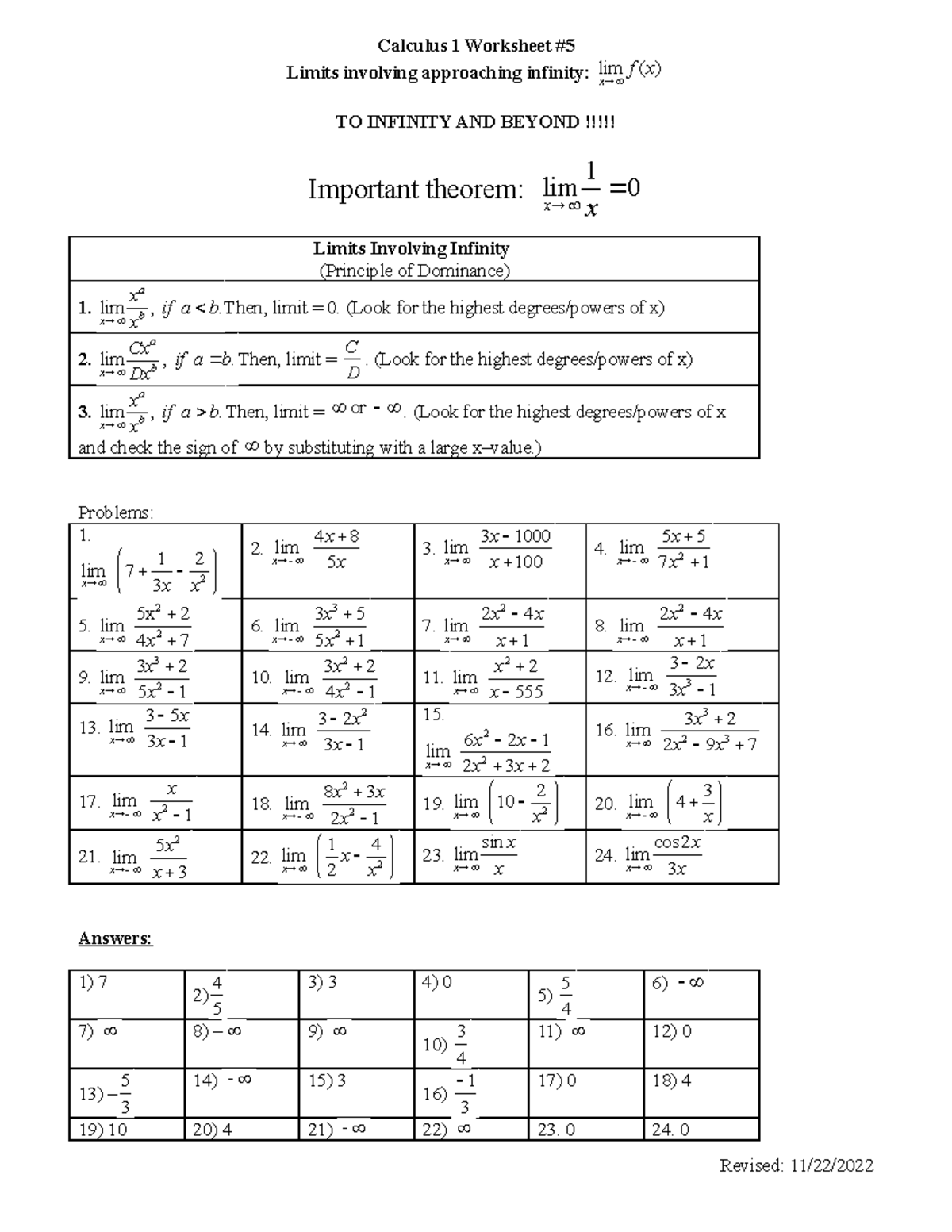 AB Ws 005 Limits To Infinity - Calculus 1 Worksheet # Limits Involving ...