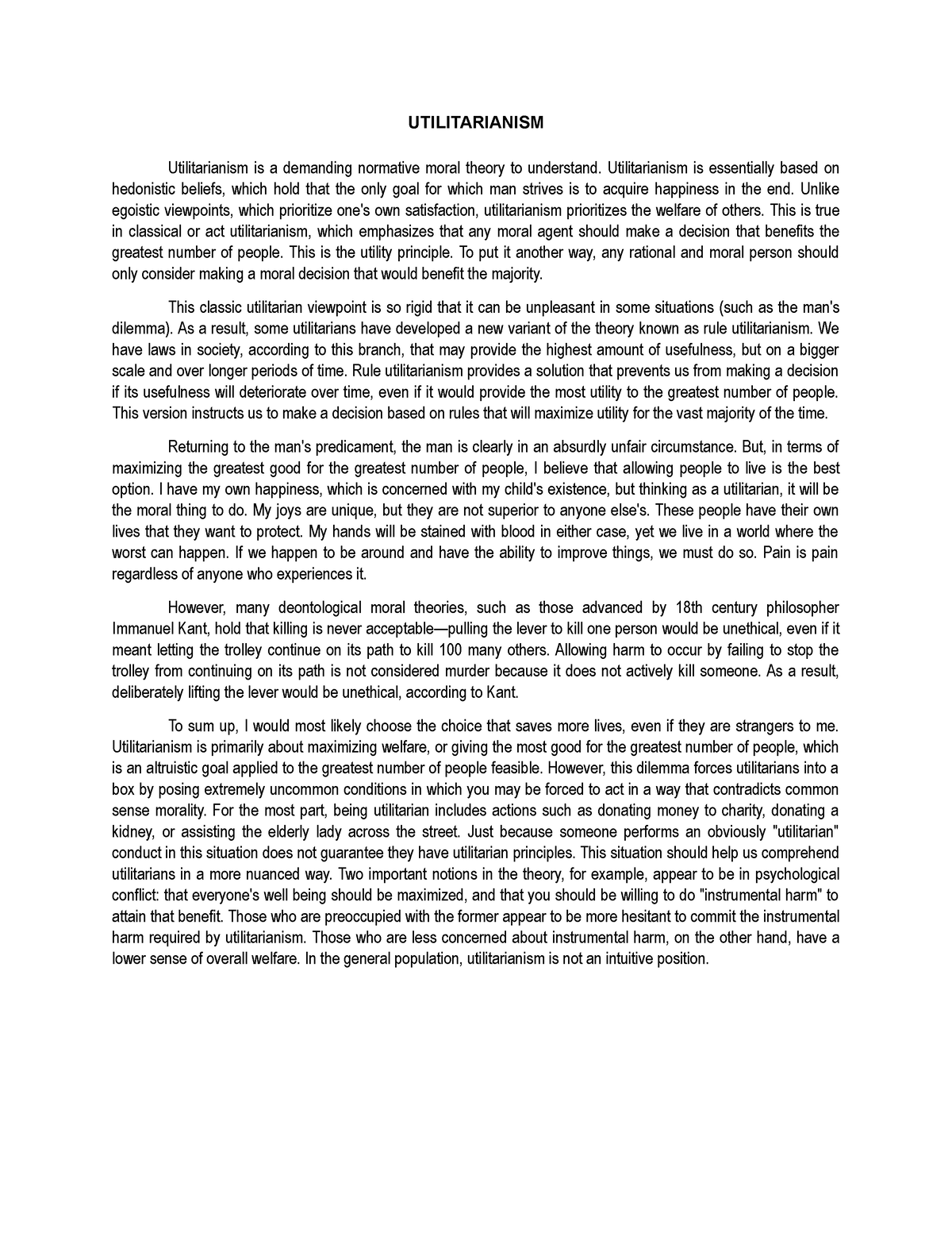 personal essay about utilitarianism