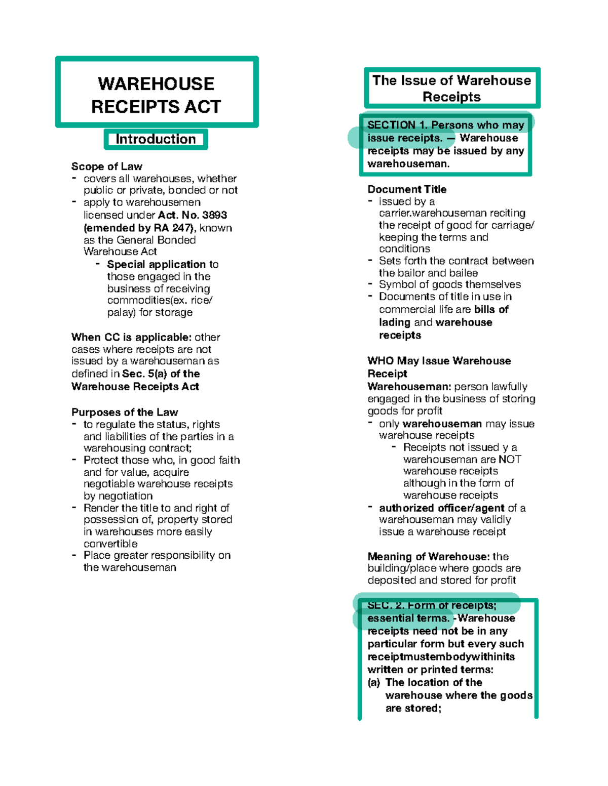 Cred Trans Warehouse Receipts Law WAREHOUSE RECEIPTS ACT Introduction