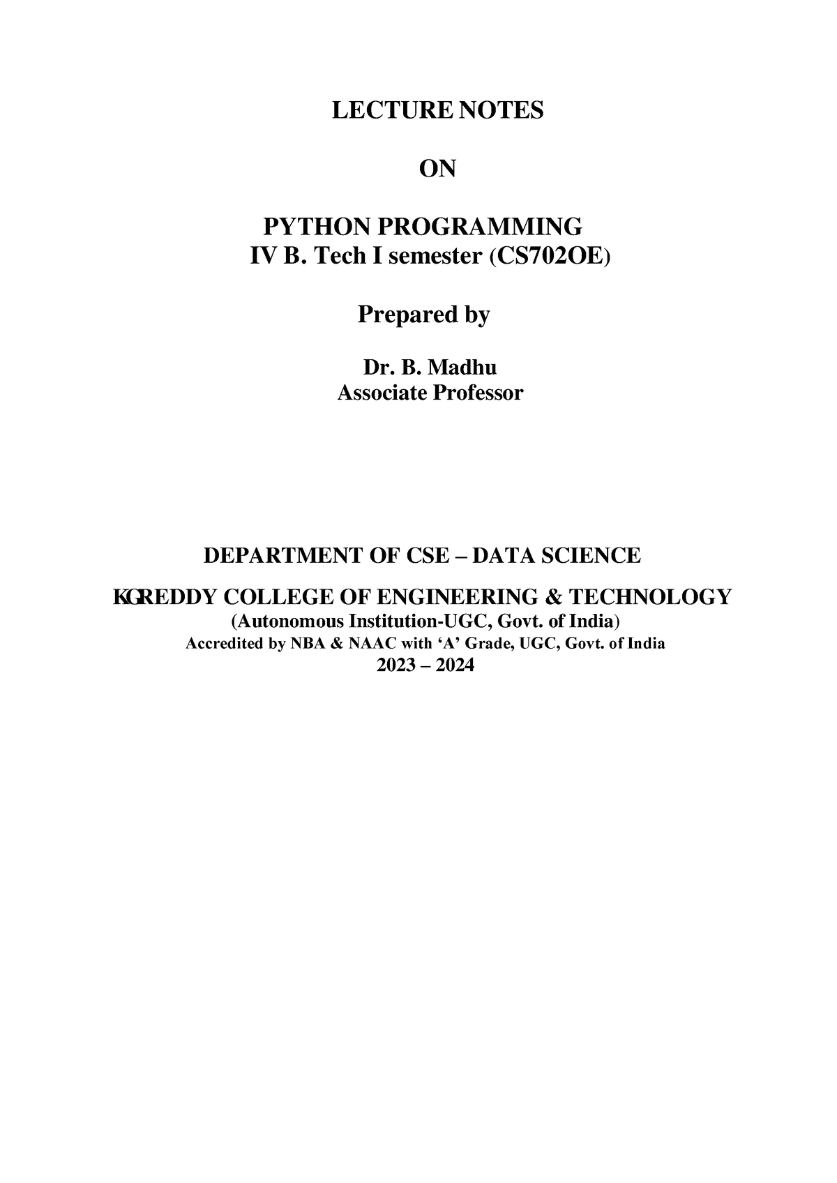 Python Programming Digital Notes - Dr. B. Madhu - LECTURE NOTES ON ...