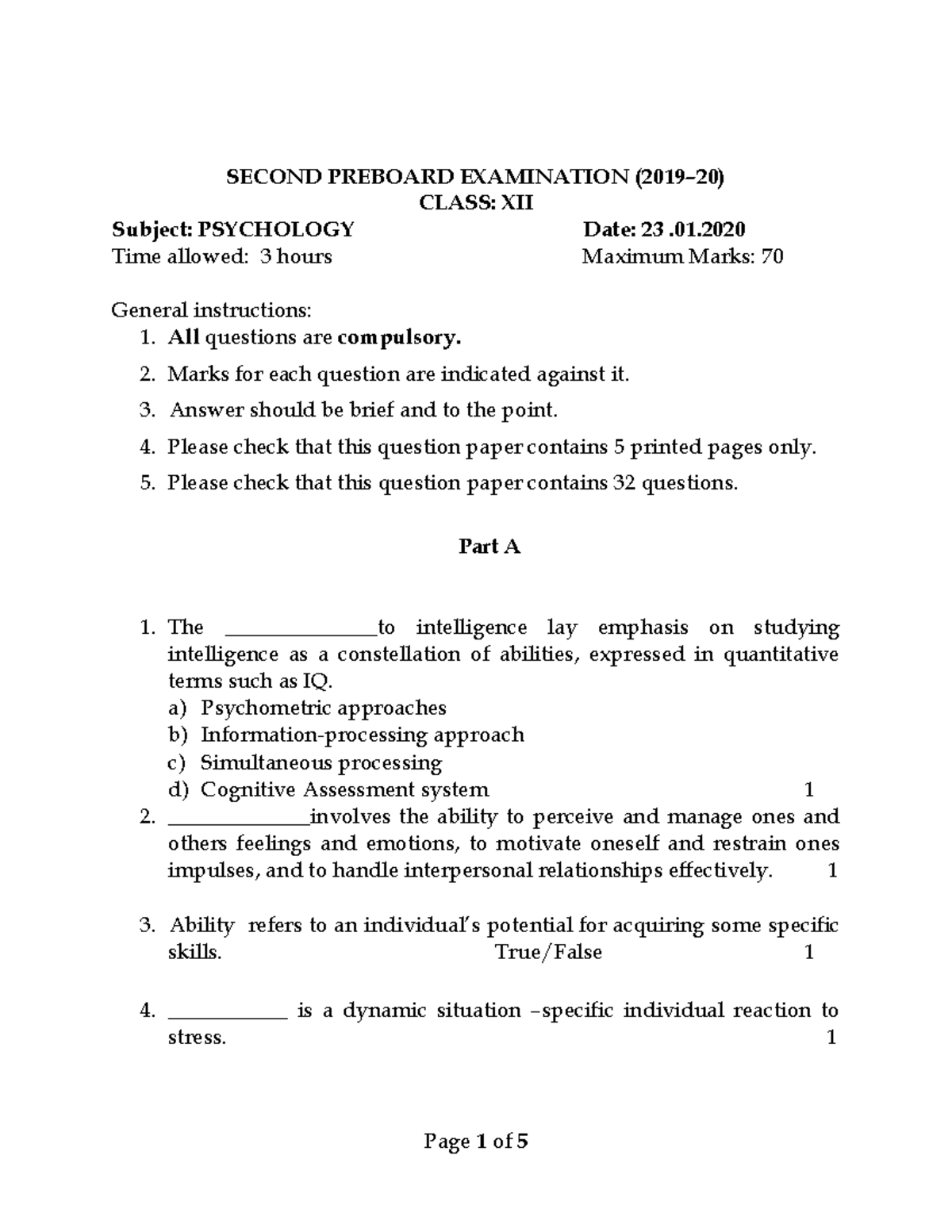 Psychology Board exam XII SECOND PREBOARD EXAMINATION (2019 20