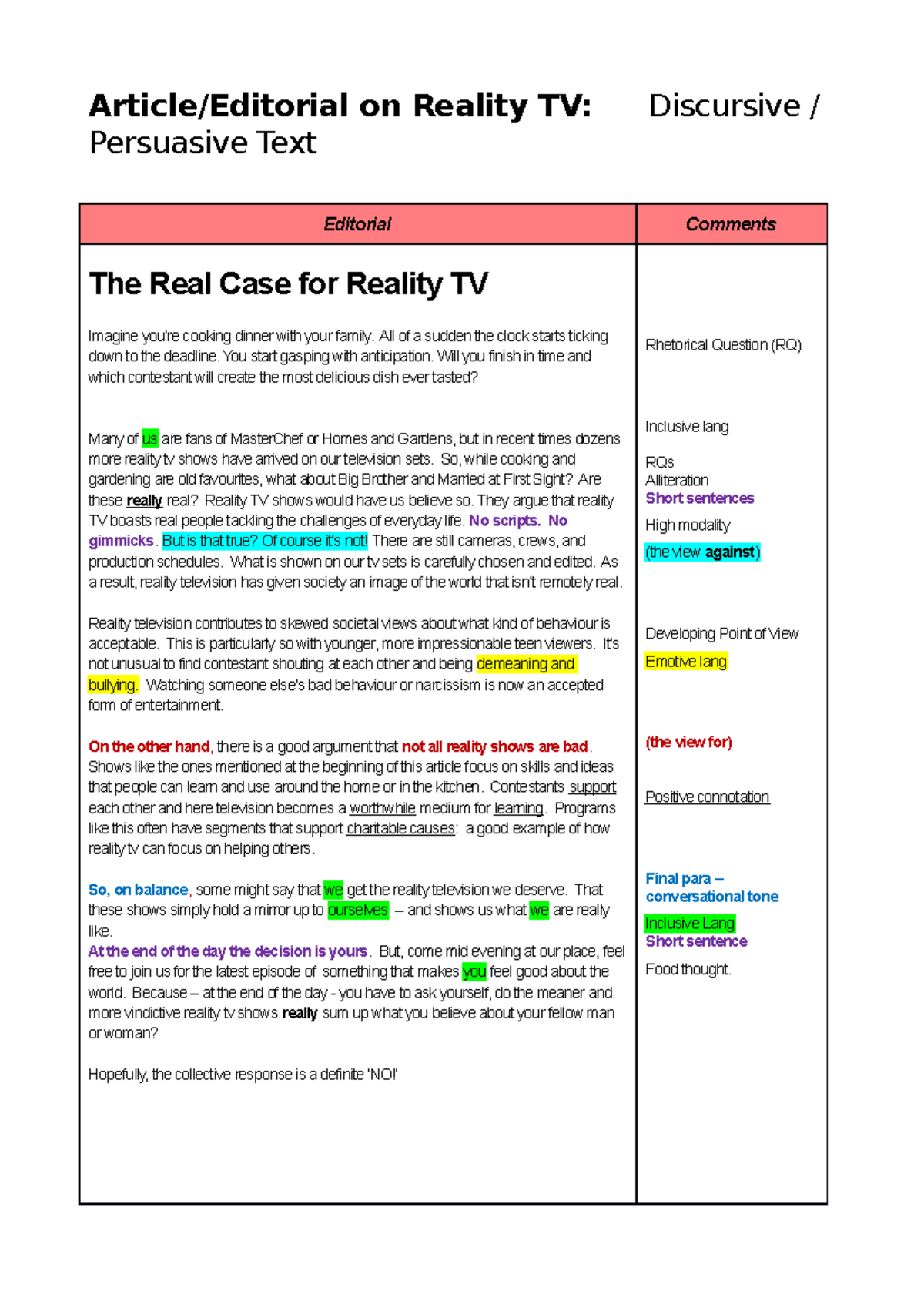 Sample Discursive article and Reflection - Article/Editorial on Reality ...