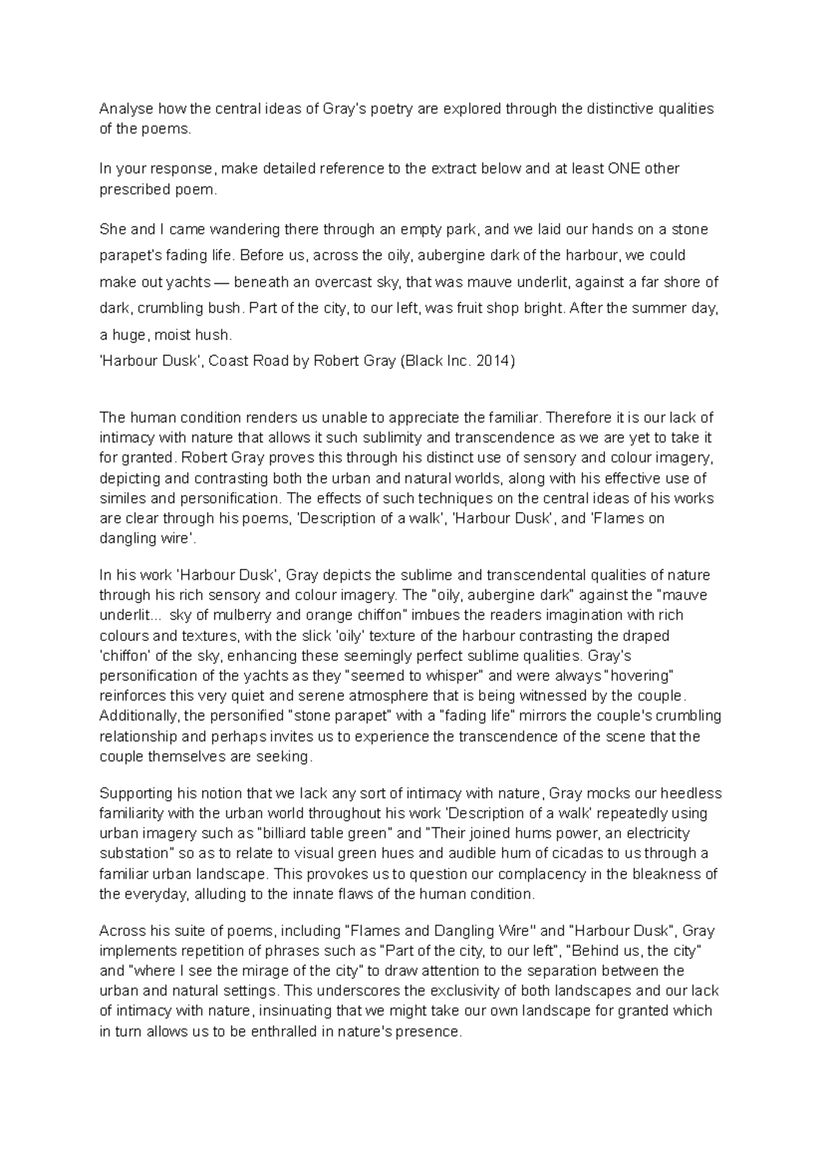 Robert Gray Essay - Analyse how the central ideas of Gray’s poetry are ...