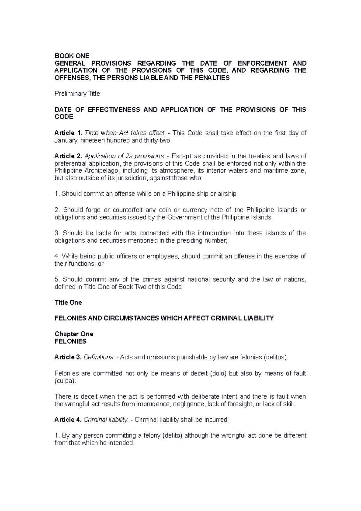 BOOK ONE - GENERAL PROVISIONS REGARDING THE DATE OF ENFORCEMENT AND ...